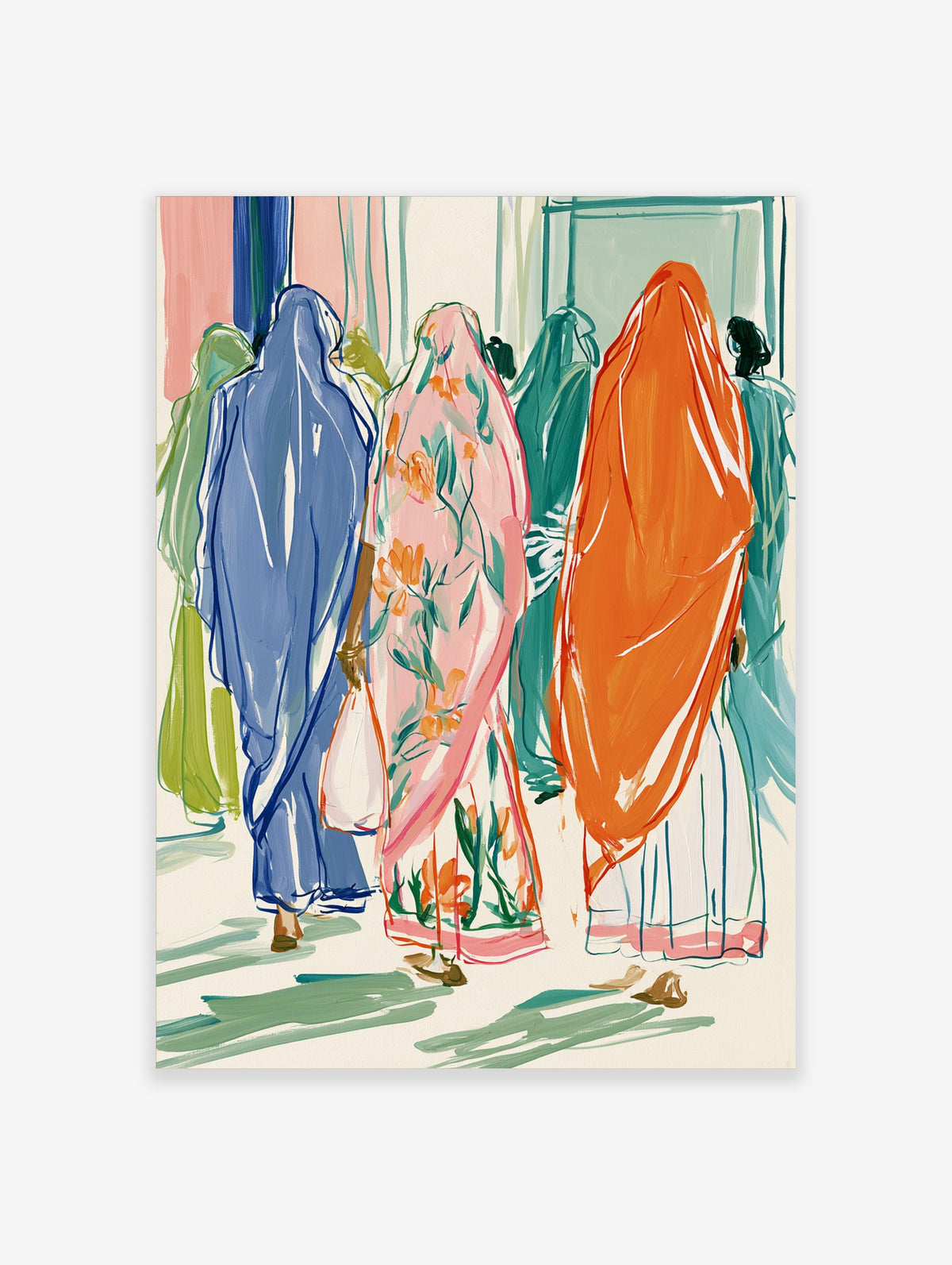 Colourful hijab women poster showing four robed figures in blue, pink, orange and green walking away