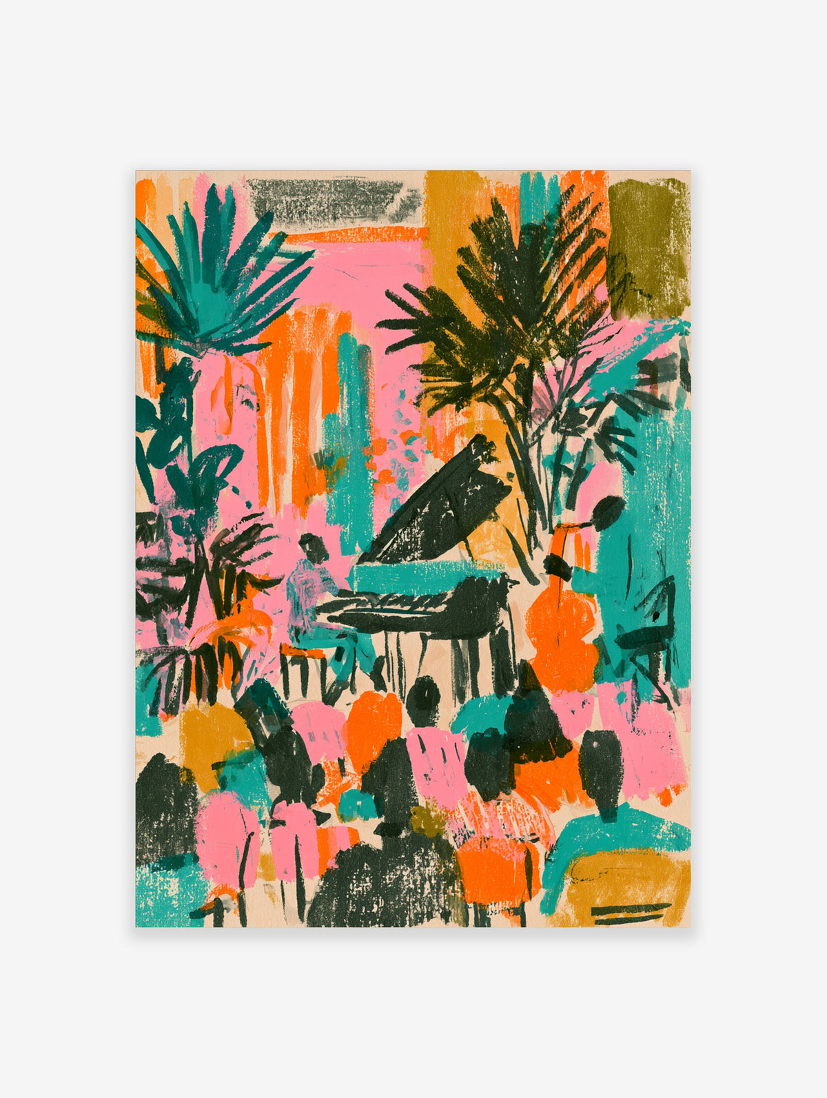 Colourful jazz band poster with pianist, double bassist, and audience silhouettes in pink and teal