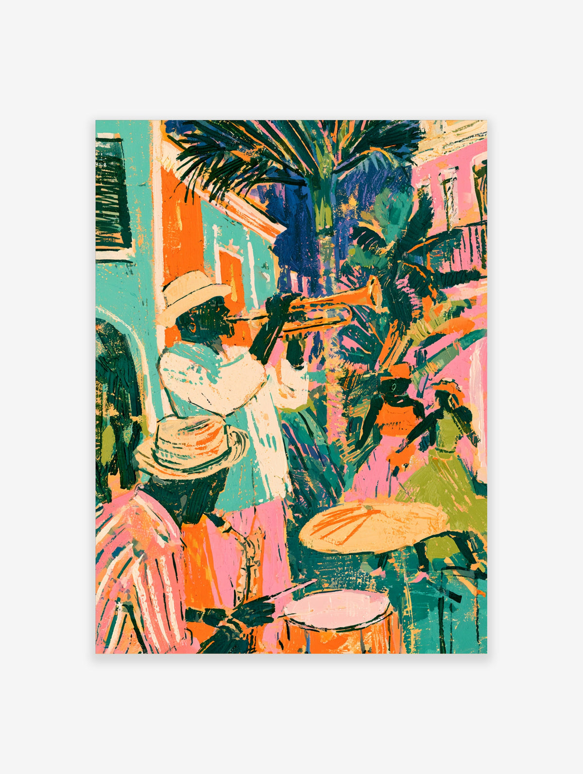 Colourful jazz band poster with trumpet player, palm tree, and dancers in bright pink and teal