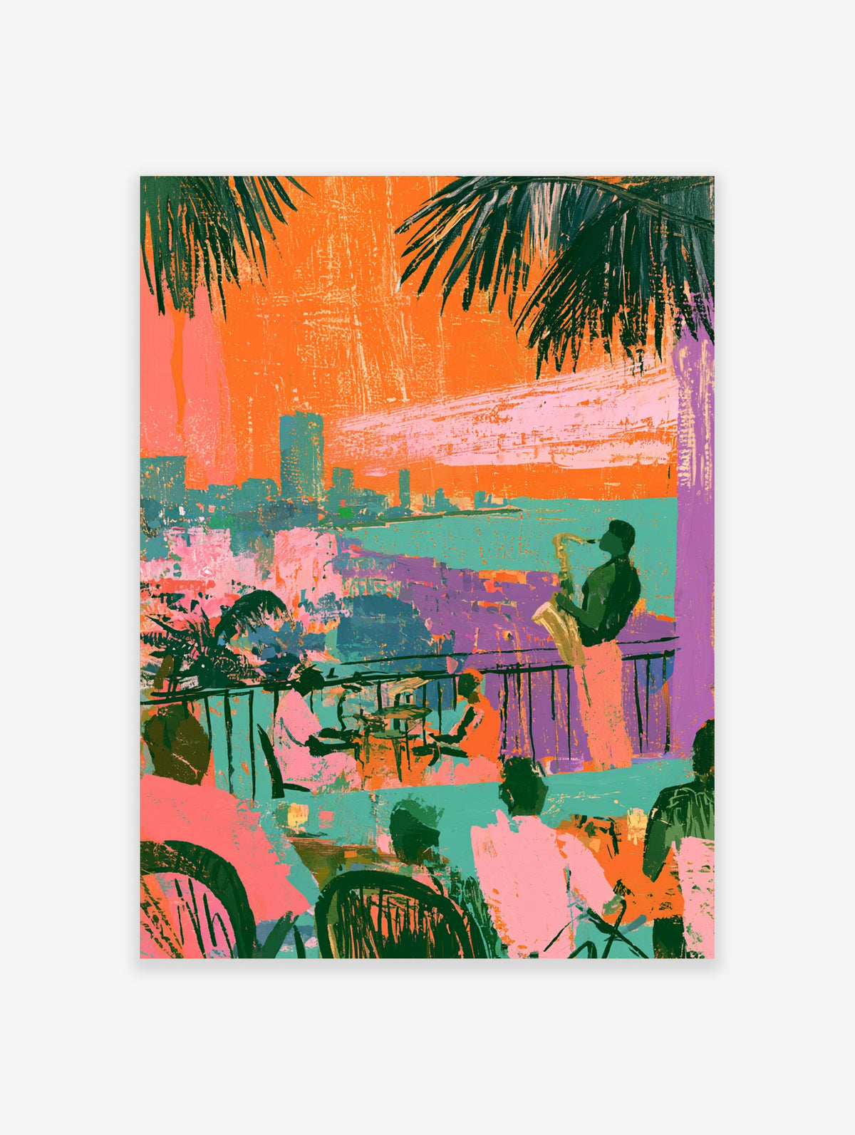 Colourful jazz poster of a saxophonist on a terrace with palm leaves and city skyline in pink, orange, and teal