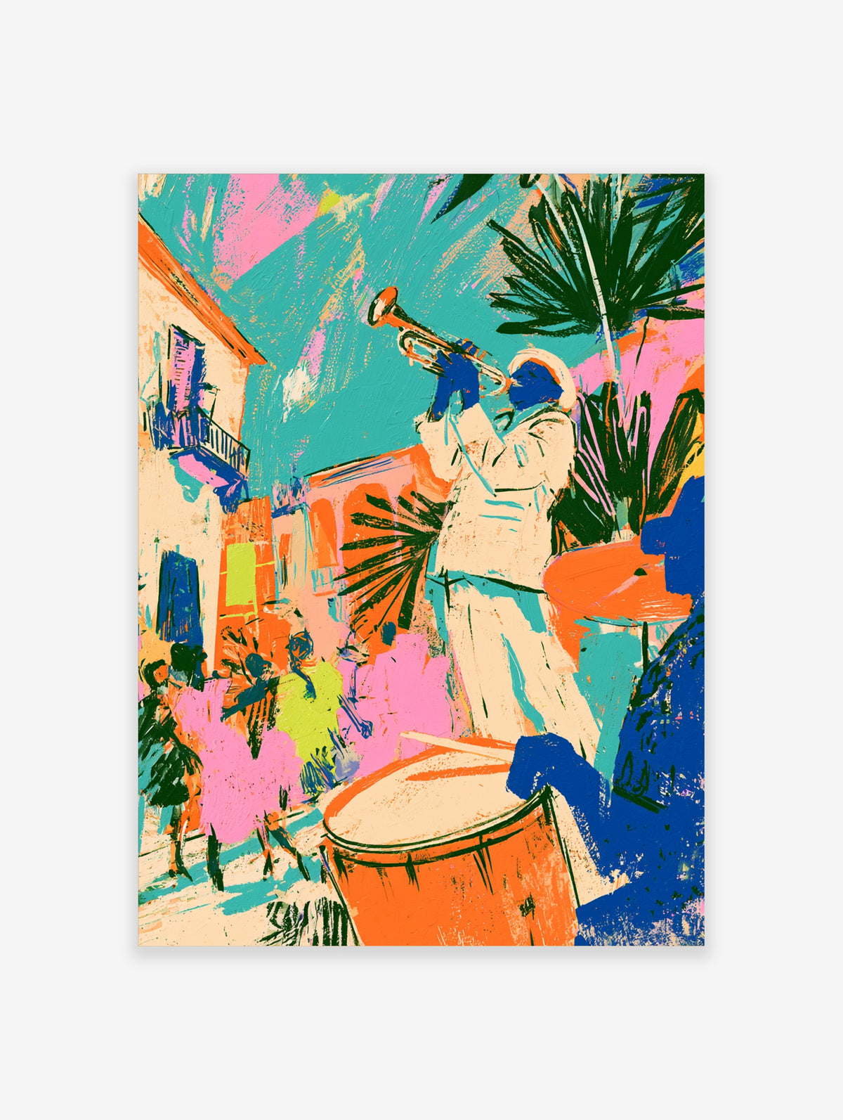 Colourful jazz street music poster with trumpet player in white suit, drummer, and dancers in bright pink and green