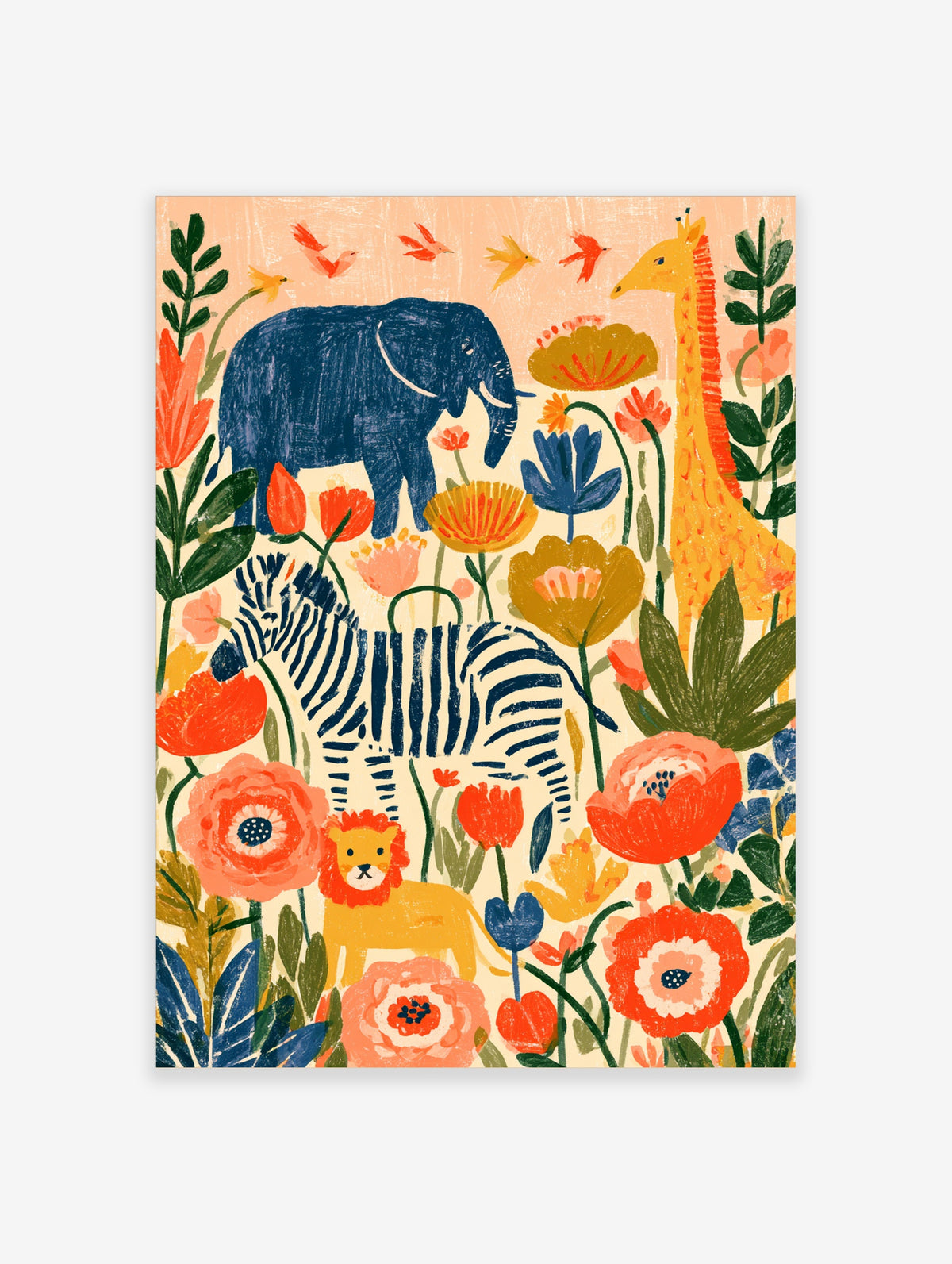 Colourful jungle animal poster with blue elephant, zebra, giraffe, lion and large flowers on cream background
