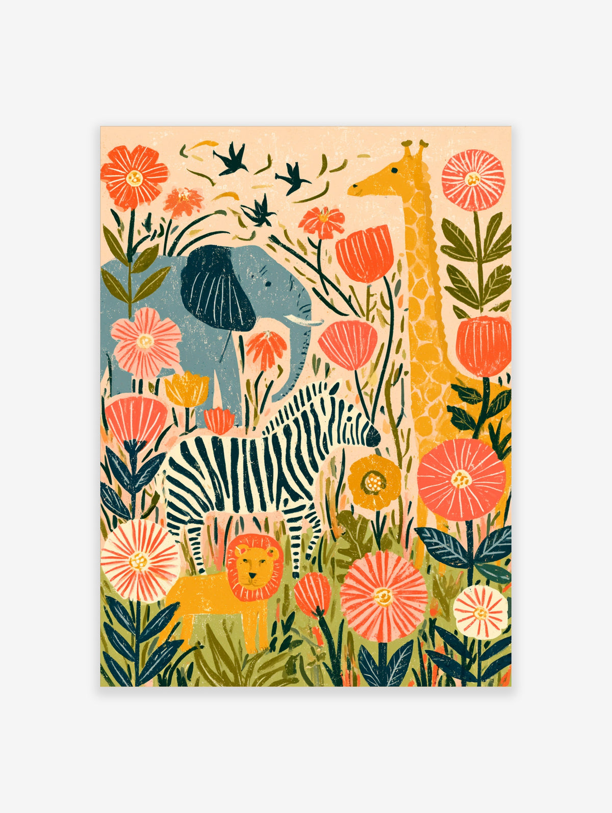 Colourful jungle animal poster with elephant, zebra, giraffe, lion, and flowers on peach background
