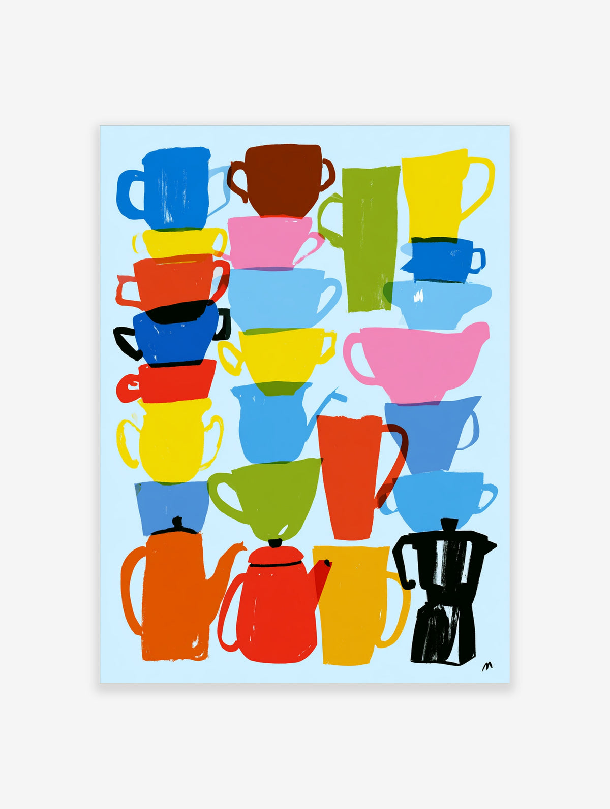 Colourful kitchen poster with stacked mugs, teapots, and a black Moka pot on a pale blue background
