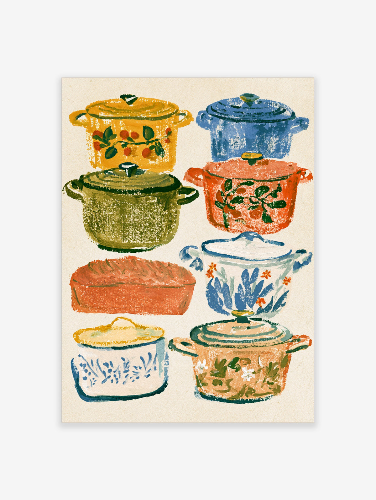 Colourful kitchen poster of eight retro enamel cooking pots with floral motifs on a textured cream background
