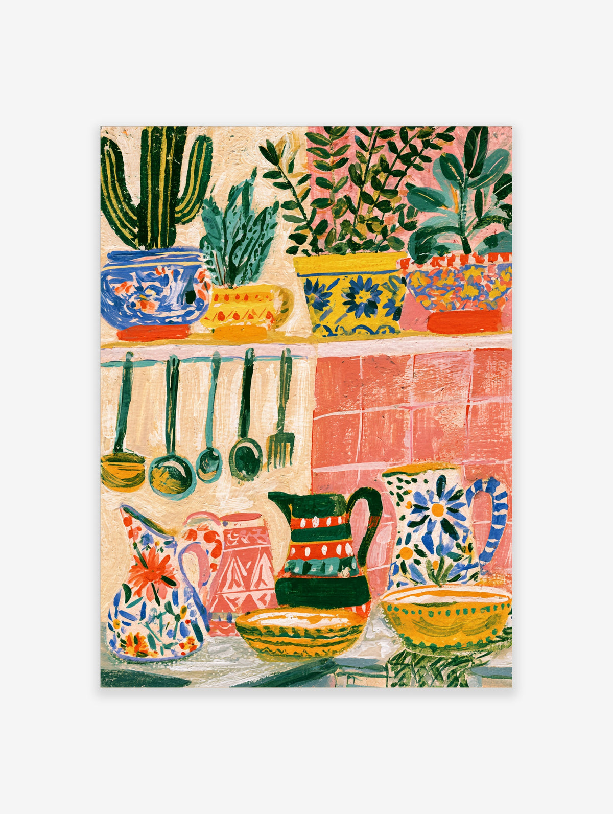 Colourful kitchen still life art print with potted cacti, patterned jugs, and hanging utensils
