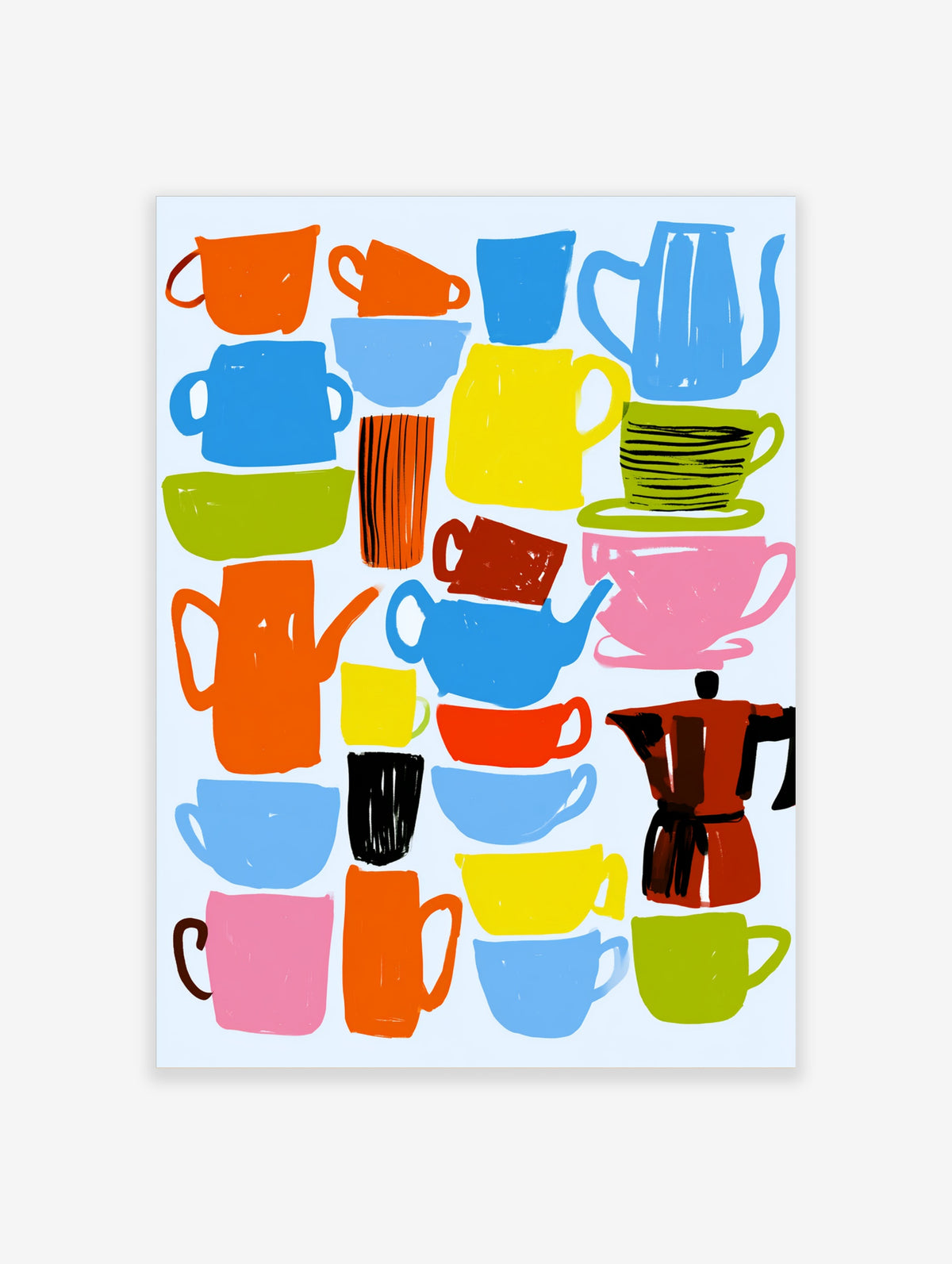 Colourful retro kitchen poster with tea and coffee pots, mugs, and cups on a pale background
