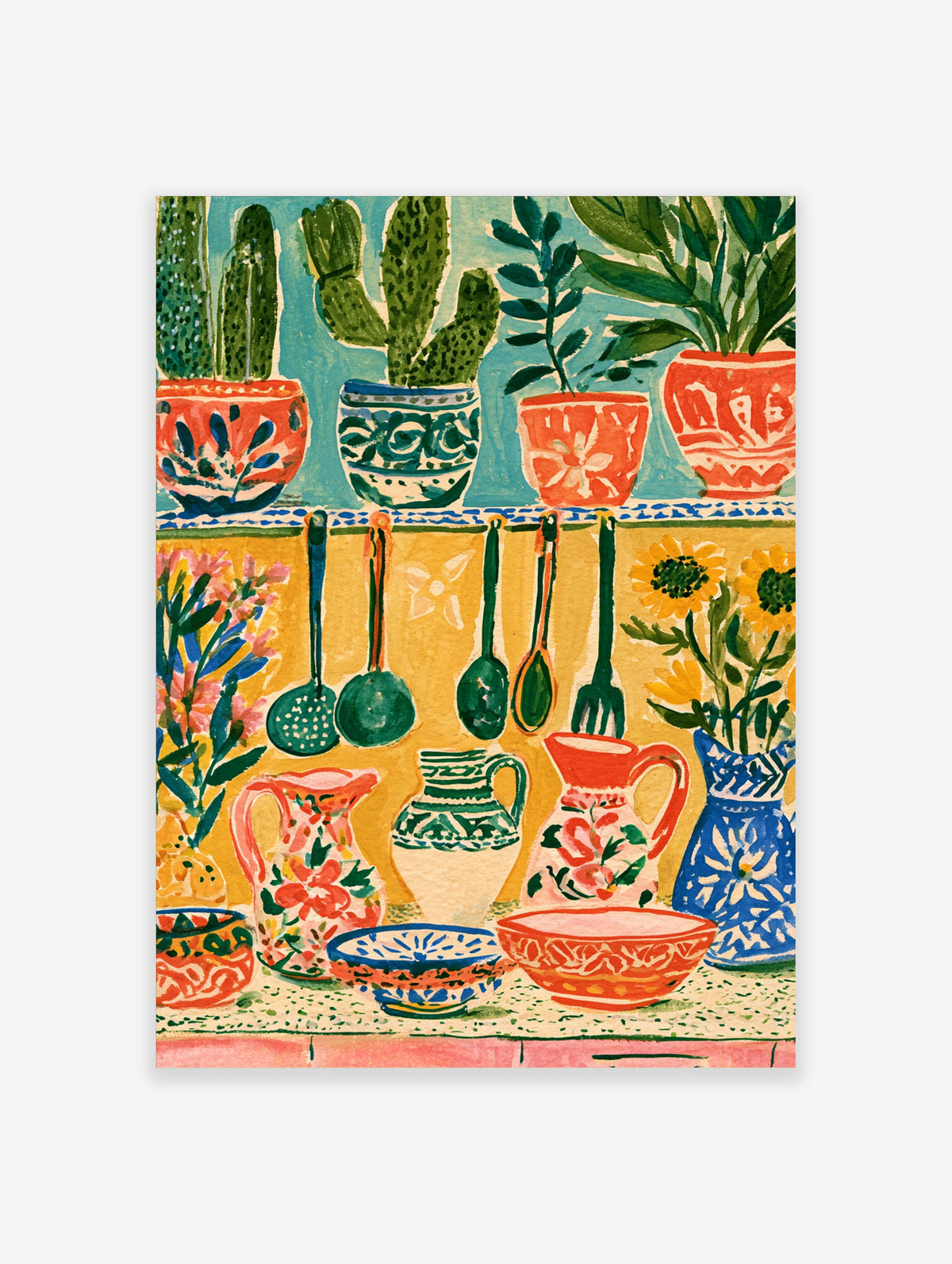 Colourful kitchen poster with potted cacti, hanging green utensils, and floral jugs on yellow tiles