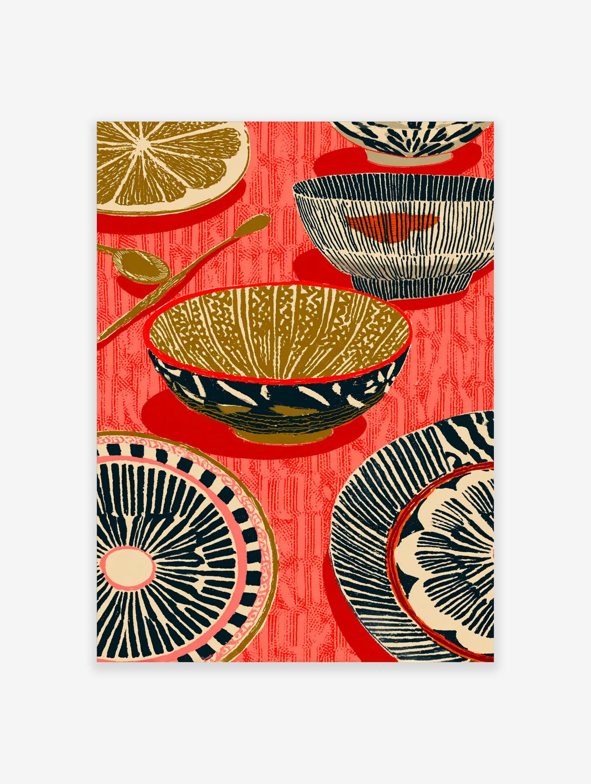 Illustrative kitchenware print with patterned bowls, plates, spoons, and a lemon slice on a red background