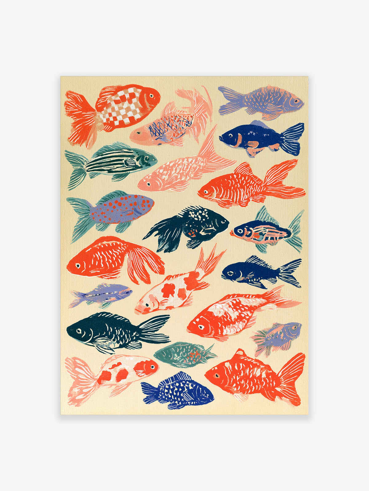 Colourful koi and goldfish illustration poster with red, blue, orange patterned fish on cream background