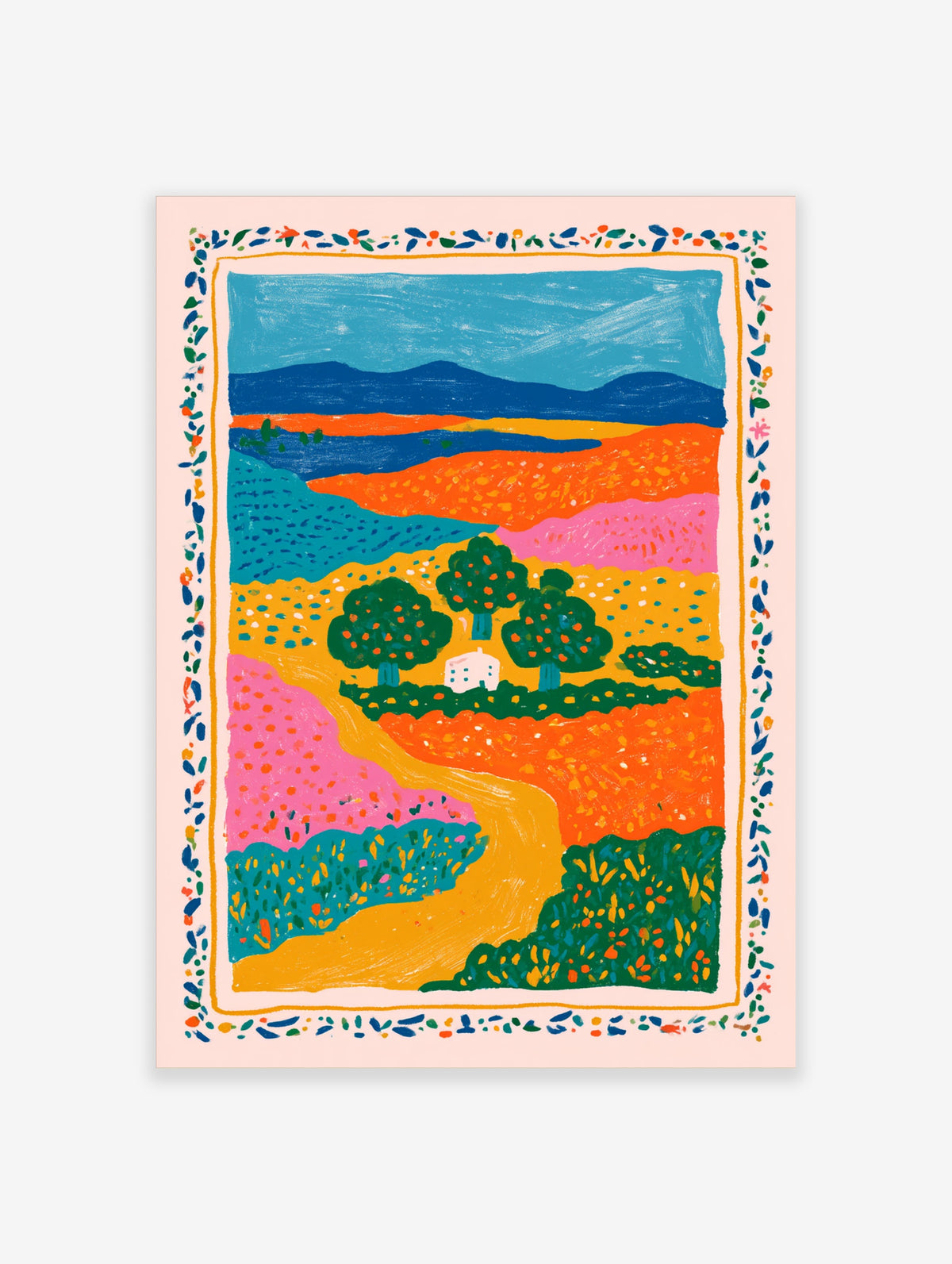 Colourful folk art landscape poster with hills, trees, cottage, and floral border