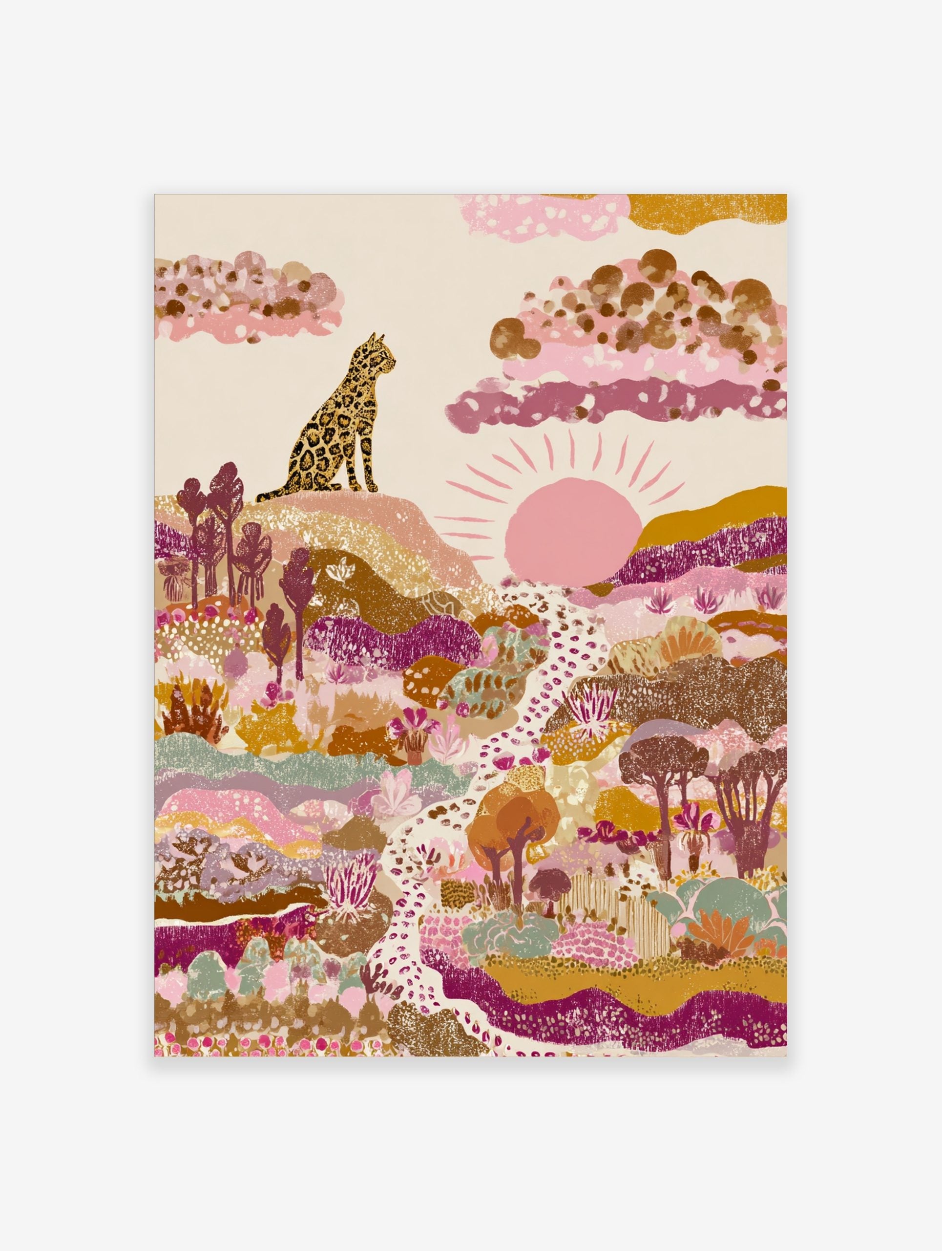 Illustrative leopard sitting on hill, overlooking a colourful abstract landscape with sun, pinks, and golds