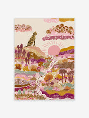 Illustrative leopard sitting on hill, overlooking a colourful abstract landscape with sun, pinks, and golds