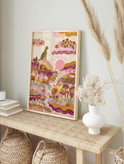 Illustrative leopard sitting on hill, overlooking a colourful abstract landscape with sun, in an alternate framed mockup