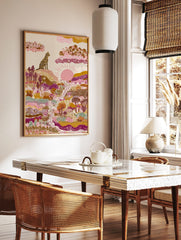 Illustrative leopard sitting on hill, overlooking a colourful abstract landscape with sun, pinks, in a styled room mockup