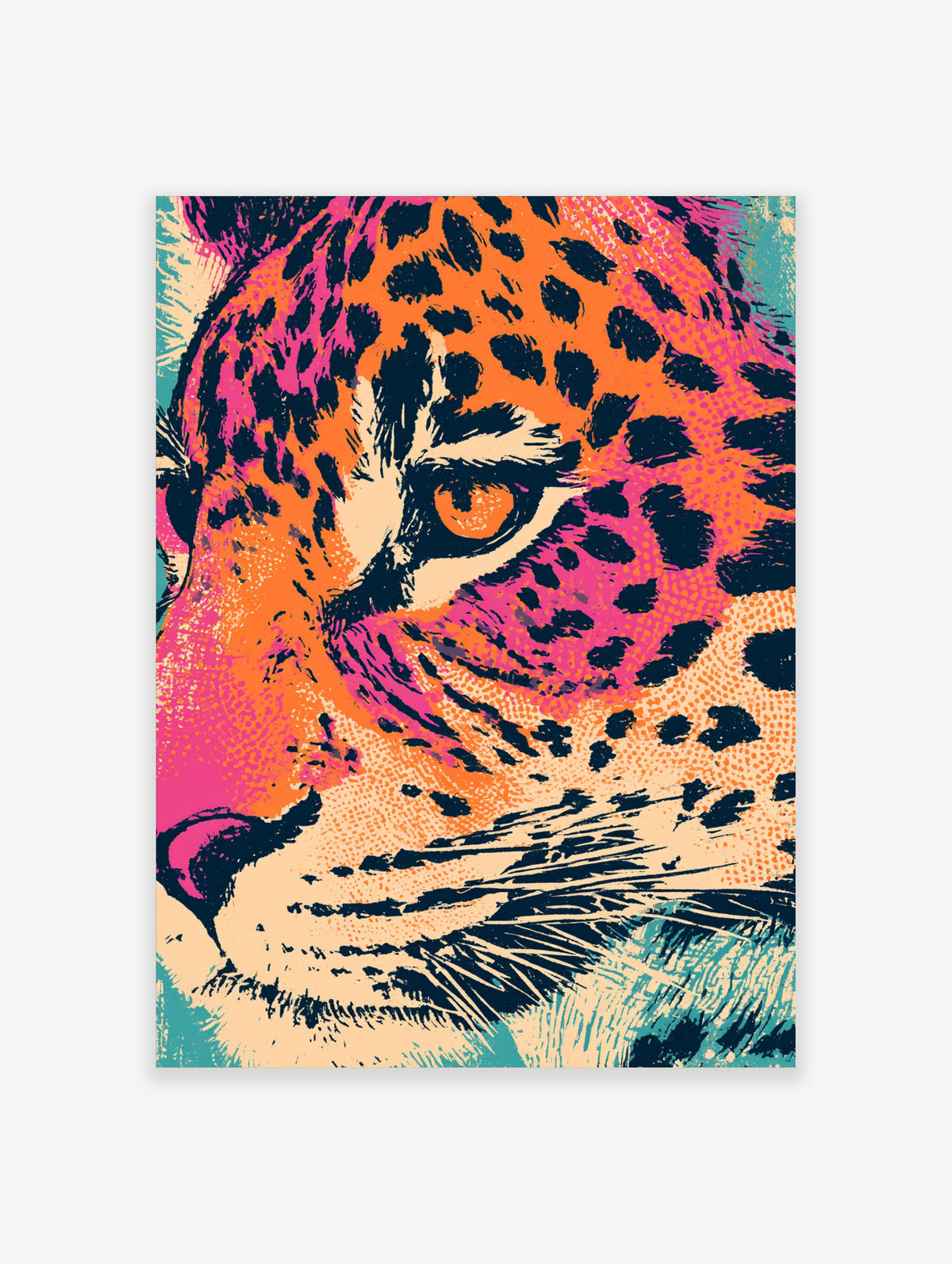 Colourful leopard face art print with amber eye, dark spots, pink and orange fur, and cream muzzle