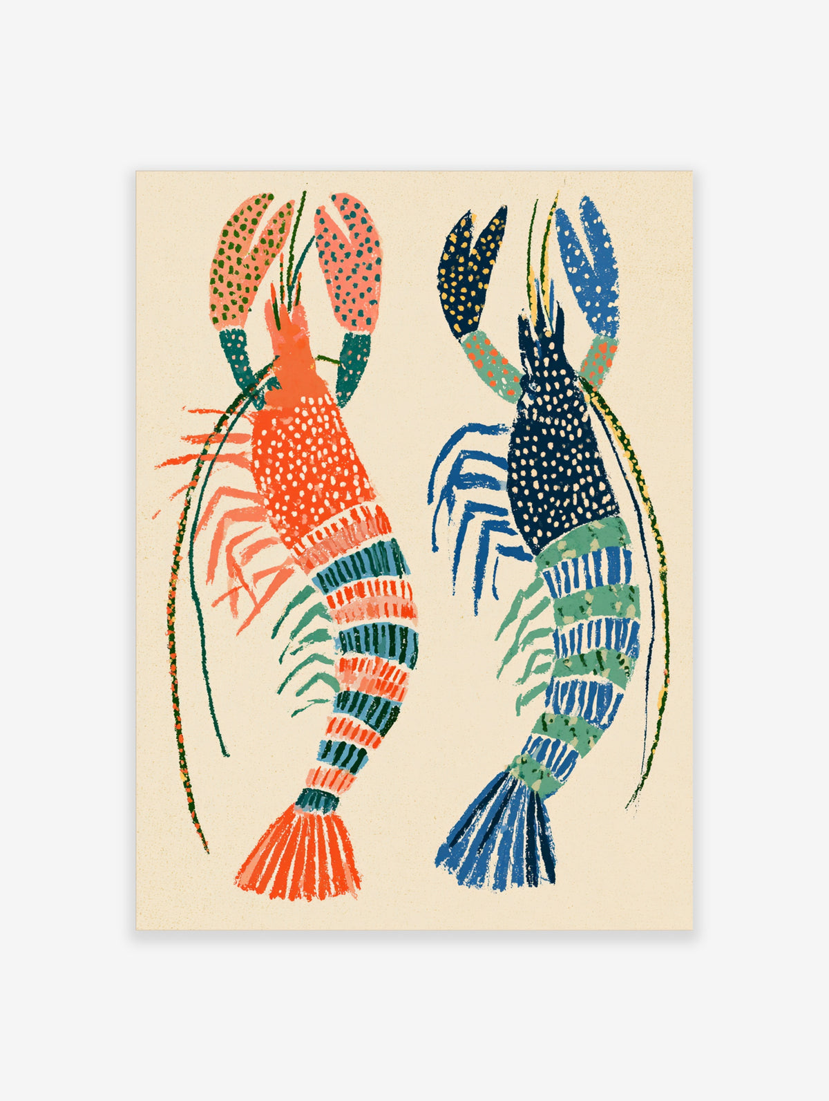 Colourful lobster and crayfish art print with orange and blue block-print style on cream background