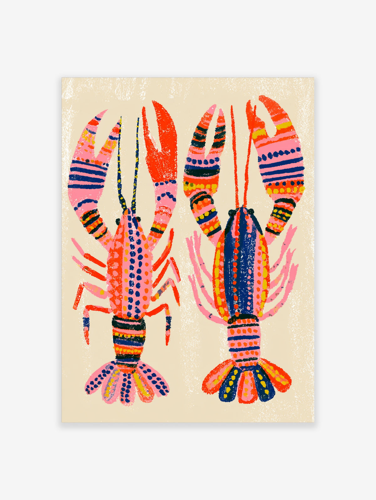 Two patterned lobsters in pink, blue, and orange on a cream background, colourful crustacean art print