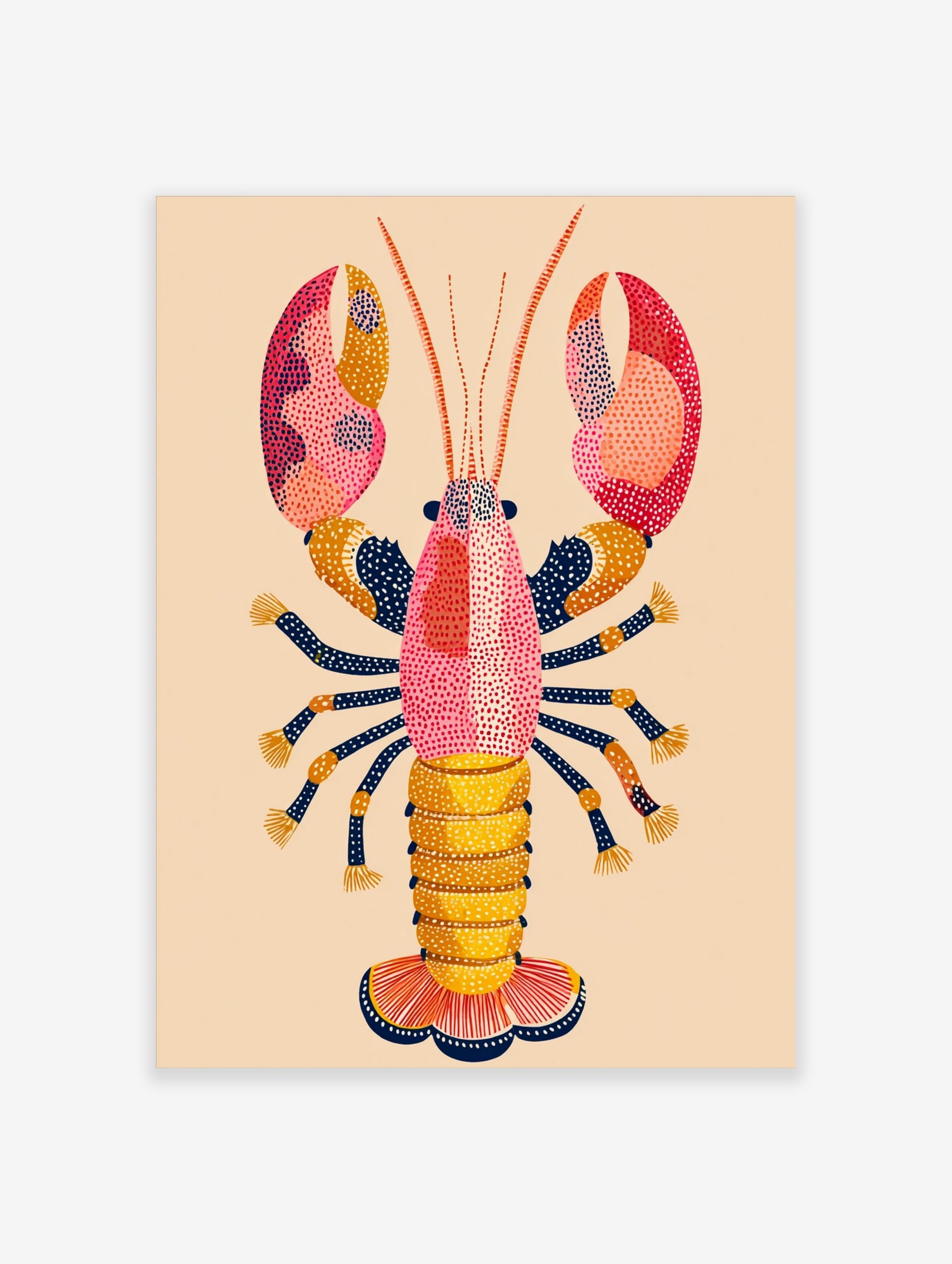 Colourful illustrative lobster wall art print with pink, orange, yellow, and navy blue dot patterns