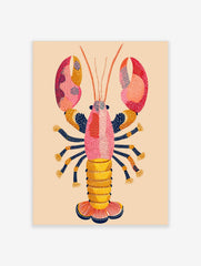 Colourful illustrative lobster wall art print with pink, orange, yellow, and navy blue dot patterns