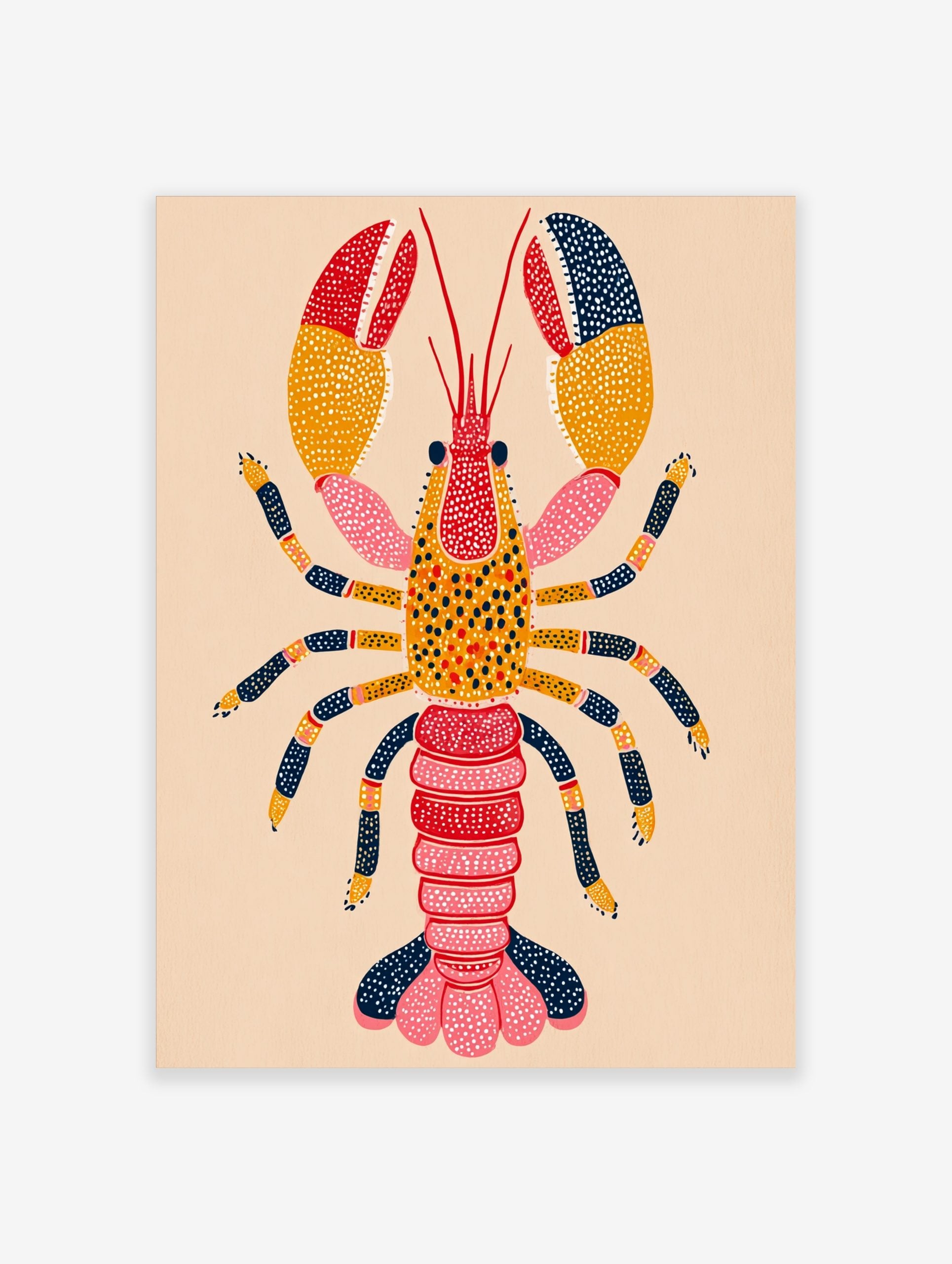 Colourful illustrative lobster wall art print with red, orange, pink, and navy blue segmented body and white dots