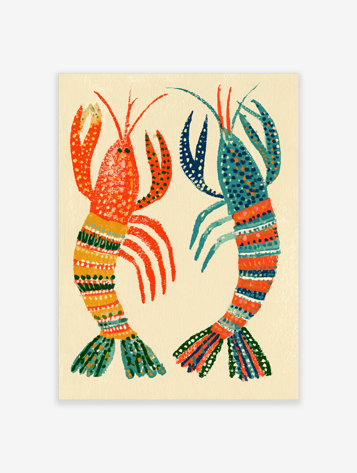 Colourful lobster art print with two patterned crustaceans on cream background