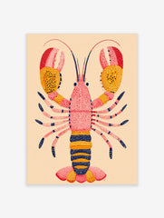 Illustrative lobster art print with pink body, yellow and red dotted claws, and navy accents on a beige background