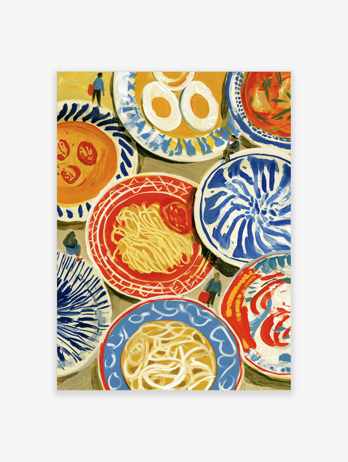 Colourful painted plates of pasta, eggs and tomato in a Mediterranean food poster illustration