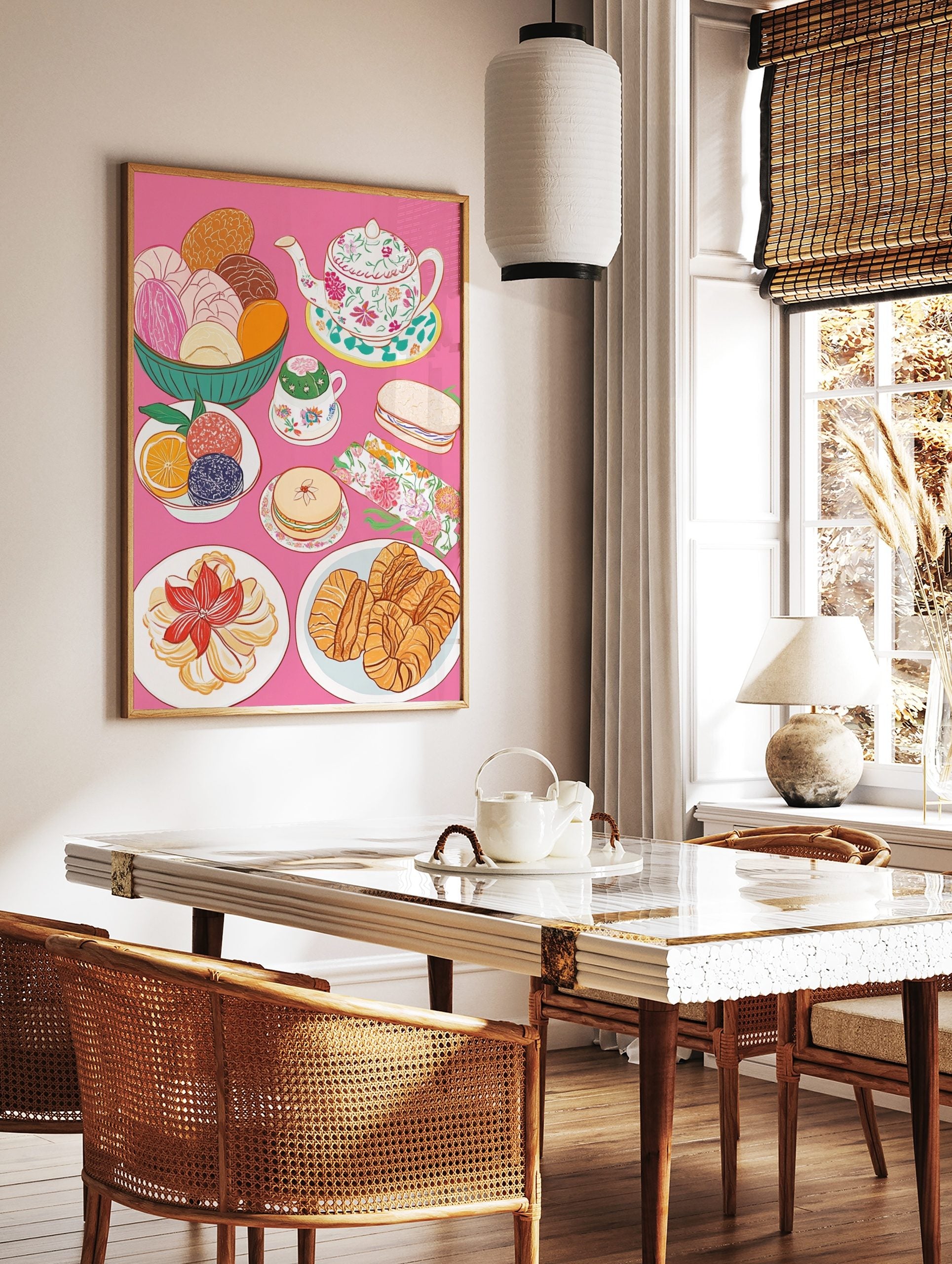 Colourful illustrative print of Mexican conchas, floral teapot, teacup, croissants, and pastries on, in a styled room mockup