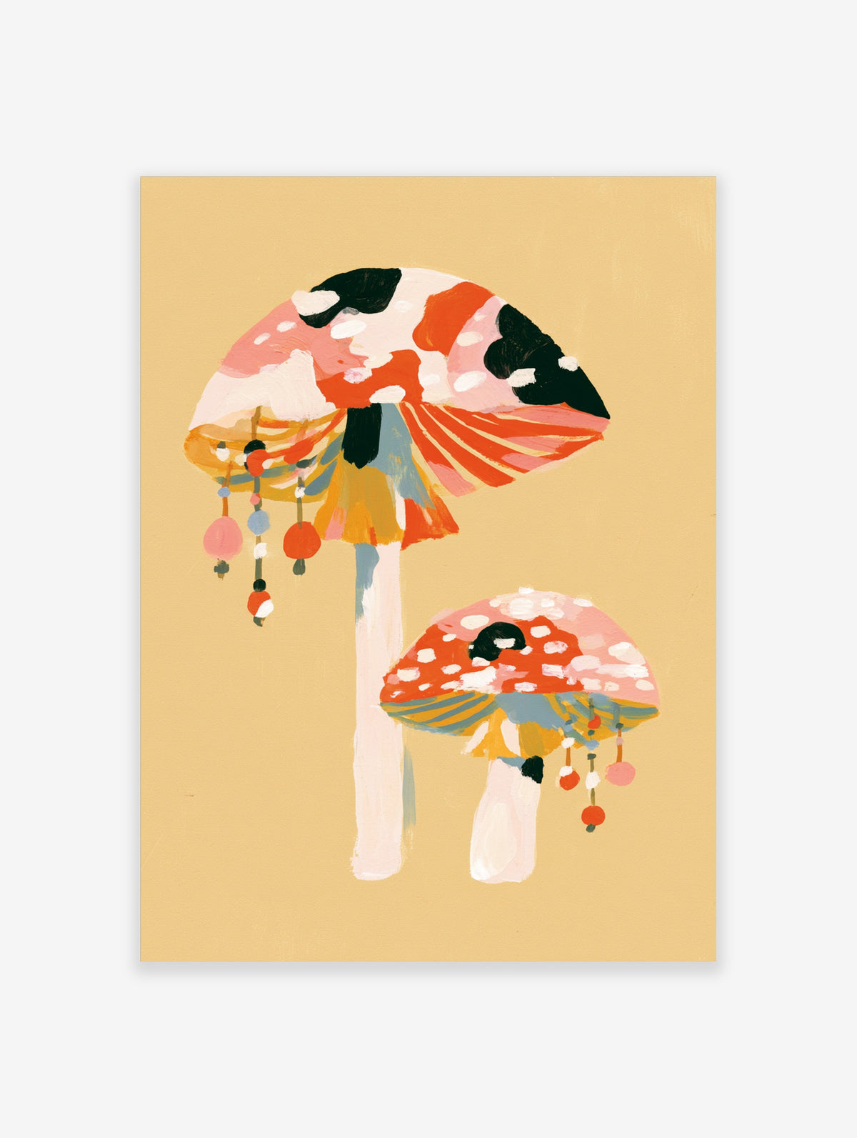 Colourful mushroom art print with two painted fungi and hanging bead details on beige background