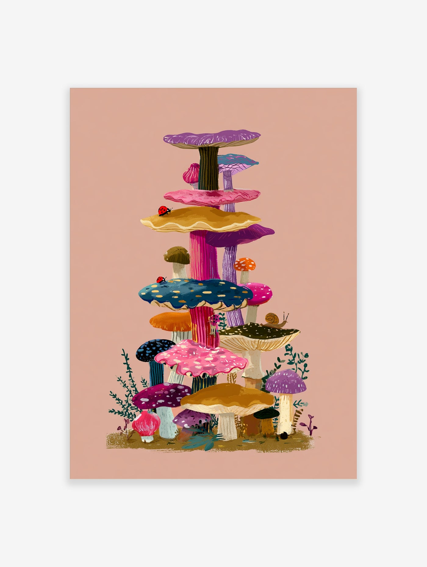 Colourful stacked mushrooms illustration with ladybirds and snail on peach background