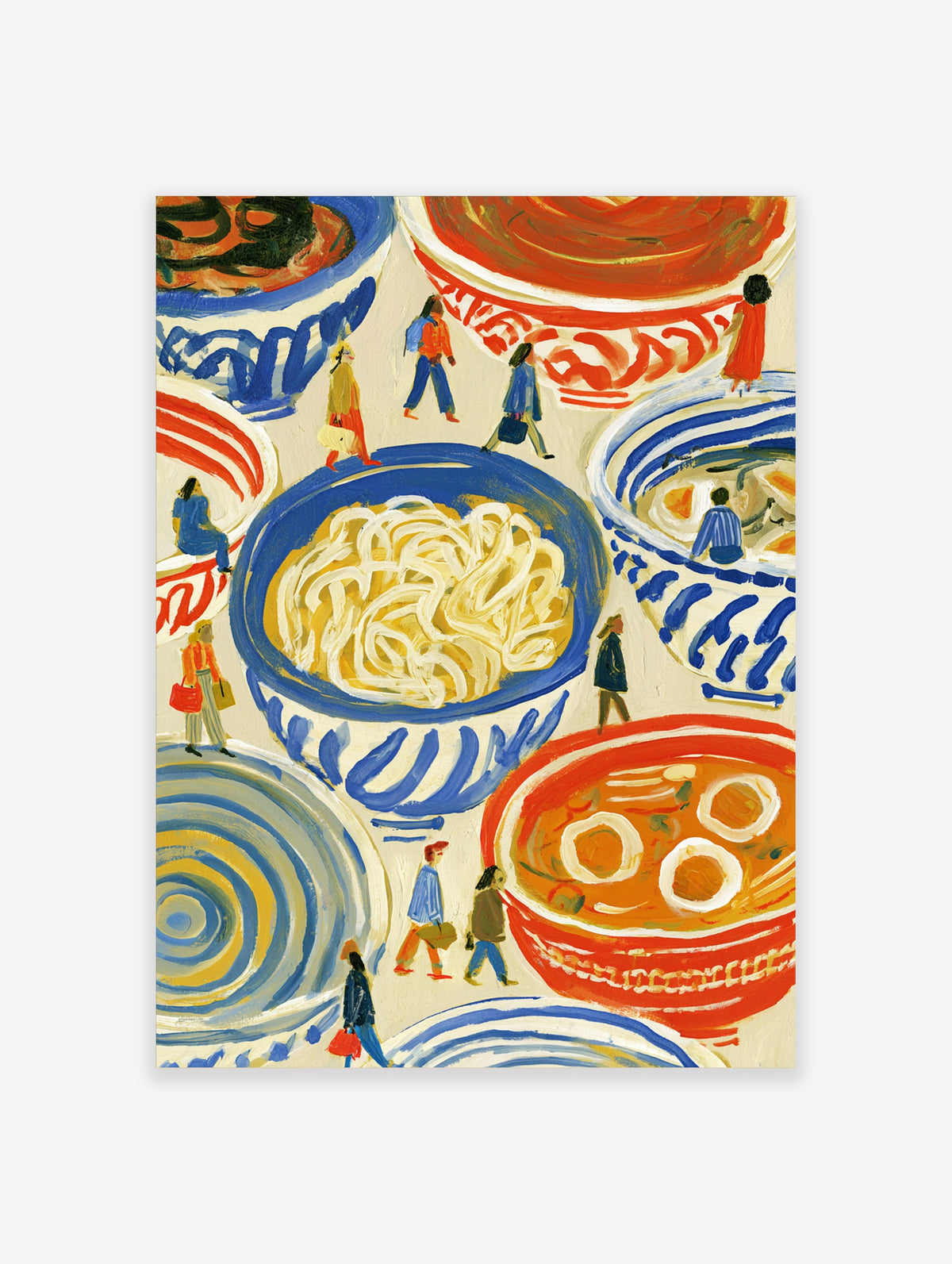 Colourful noodle bowl poster with blue and red bowls and small walking figures