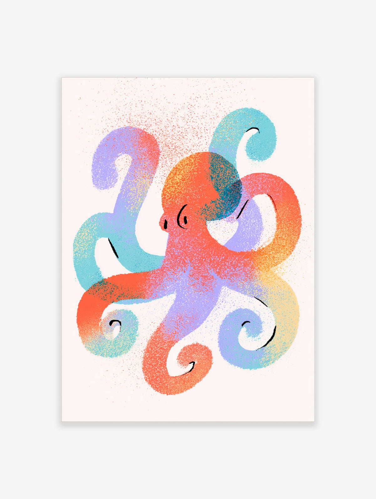 Colourful stippled octopus illustration with swirling tentacles on a light background