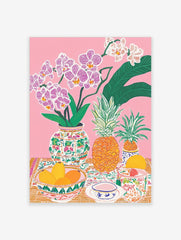 Colourful illustrative still life print with pink orchids, pineapples, mangoes, and patterned ceramics on a pink background