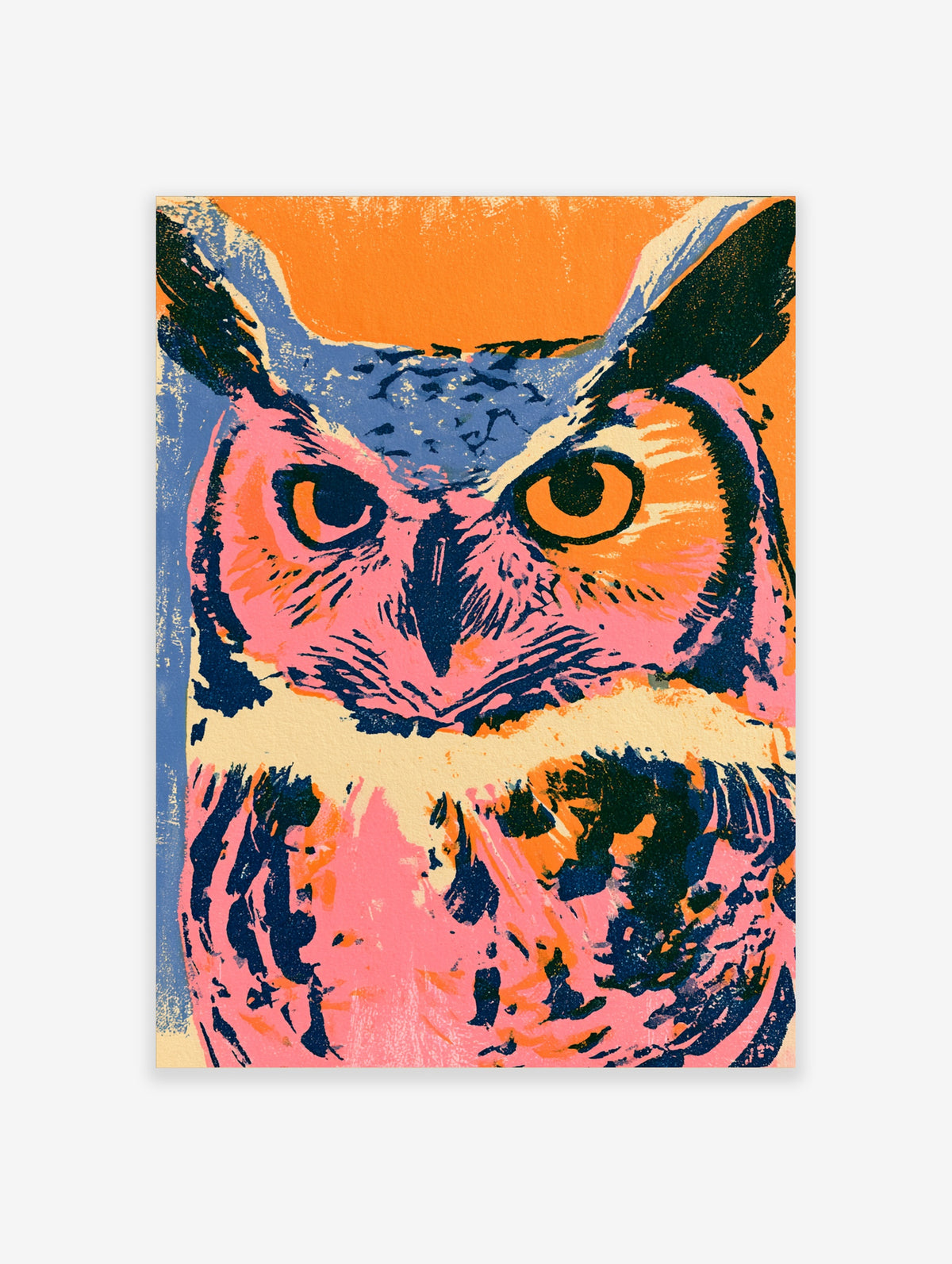 Colourful pop art owl poster with pink face, dark blue markings, and yellow eyes on orange background