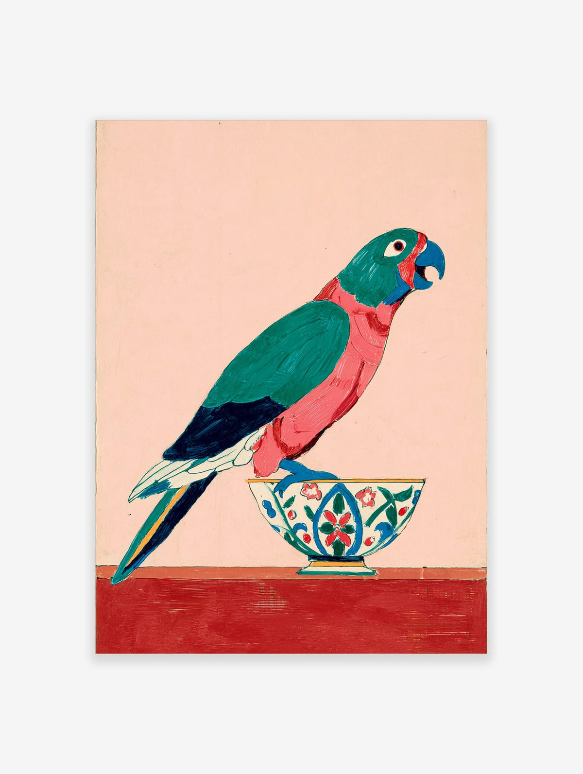 Colourful parrot with teal and pink feathers standing on a decorative bowl against a pale pink background