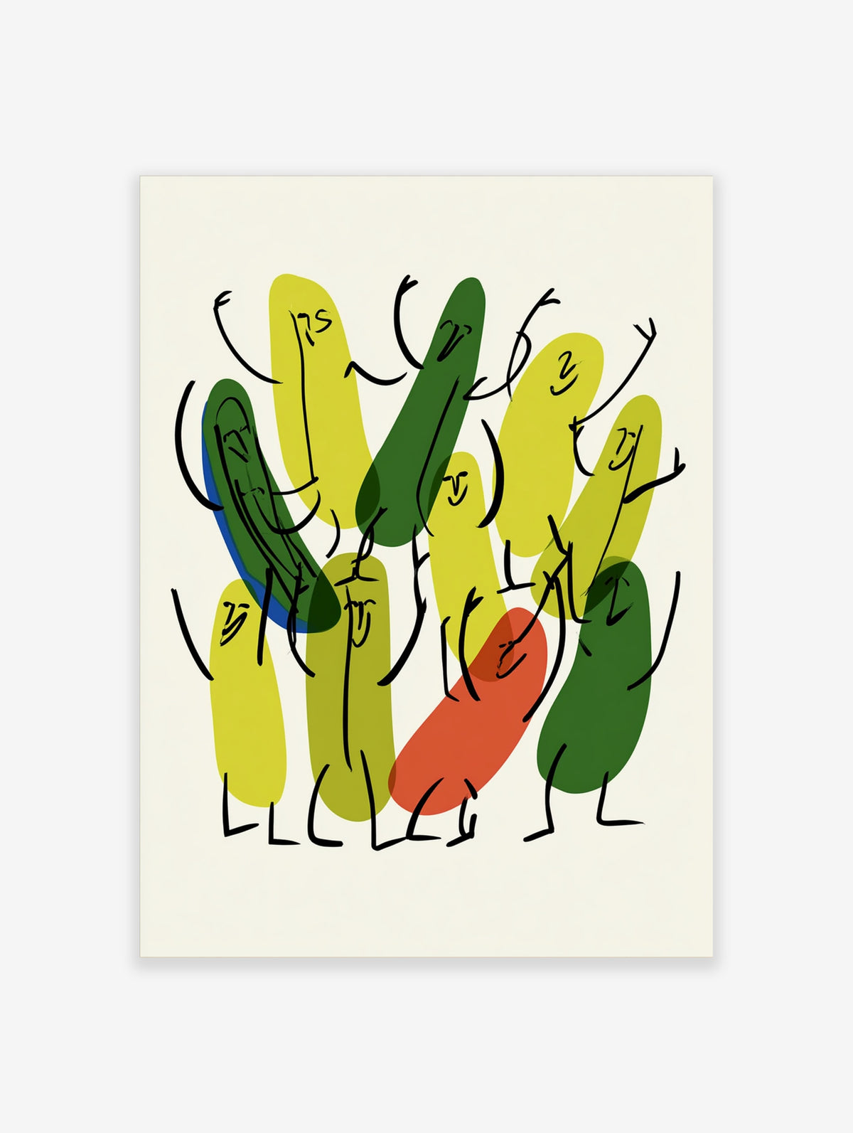 Colourful pickle character poster with green, yellow, and red gherkins on cream background
