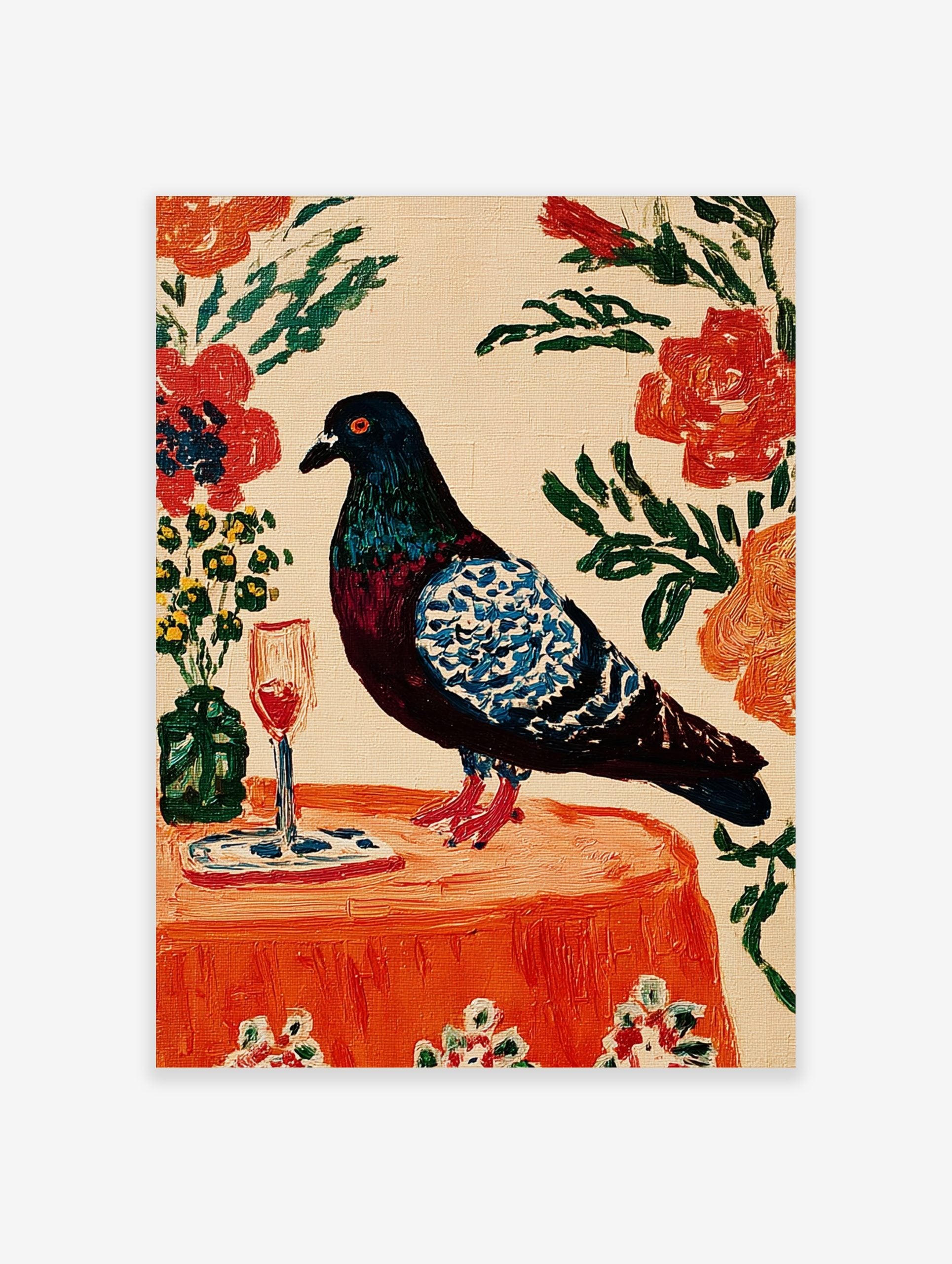 Painterly pigeon with blue wings on an orange table with wine glass and flowers