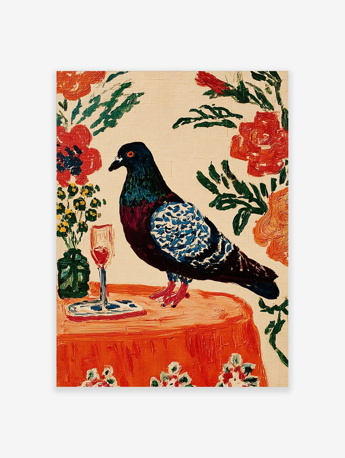 Painterly pigeon with blue wings on an orange table with wine glass and flowers