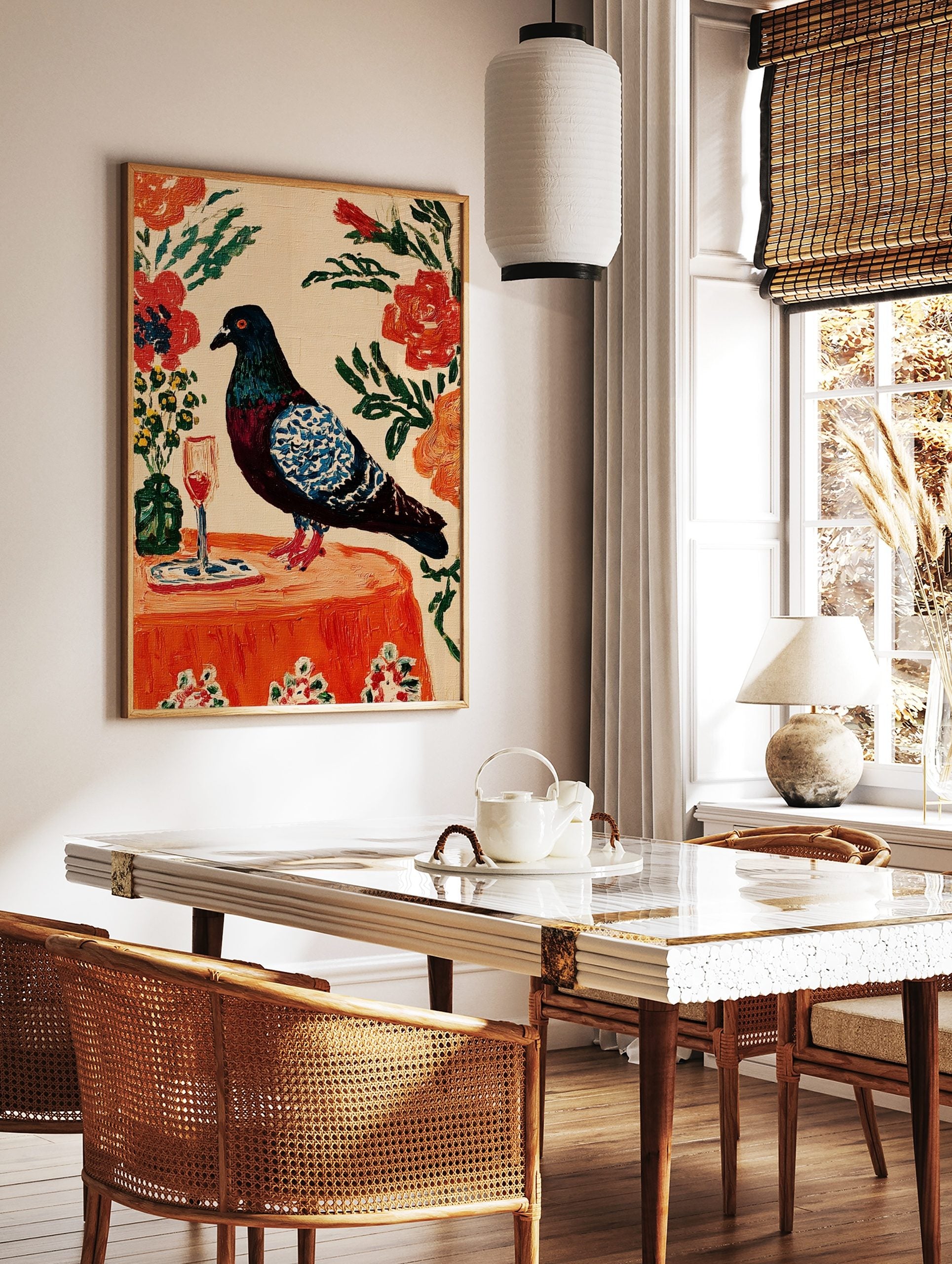 Painterly pigeon with blue wings on an orange table with wine glass and flowers, in a styled room mockup