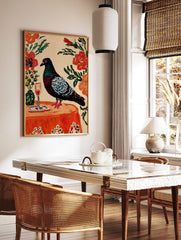 Painterly pigeon with blue wings on an orange table with wine glass and flowers, in a styled room mockup