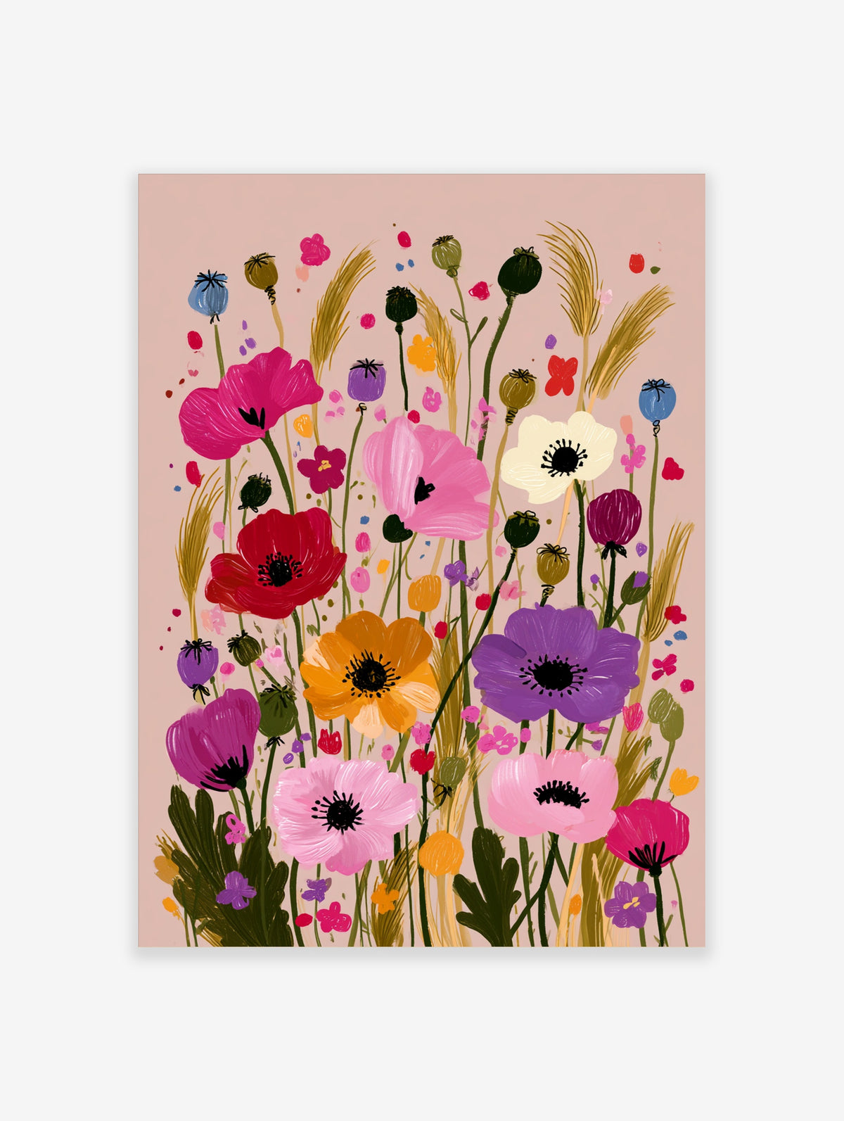 Colourful poppy and wildflower art print with pink, red, purple and yellow blooms on a beige background
