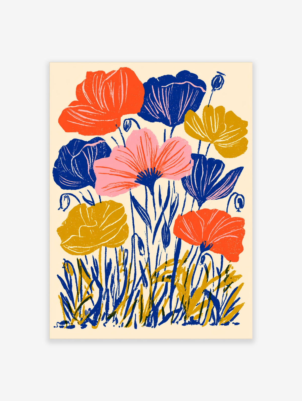 Colourful poppy flower art print with pink, orange, blue and yellow blooms on a cream background