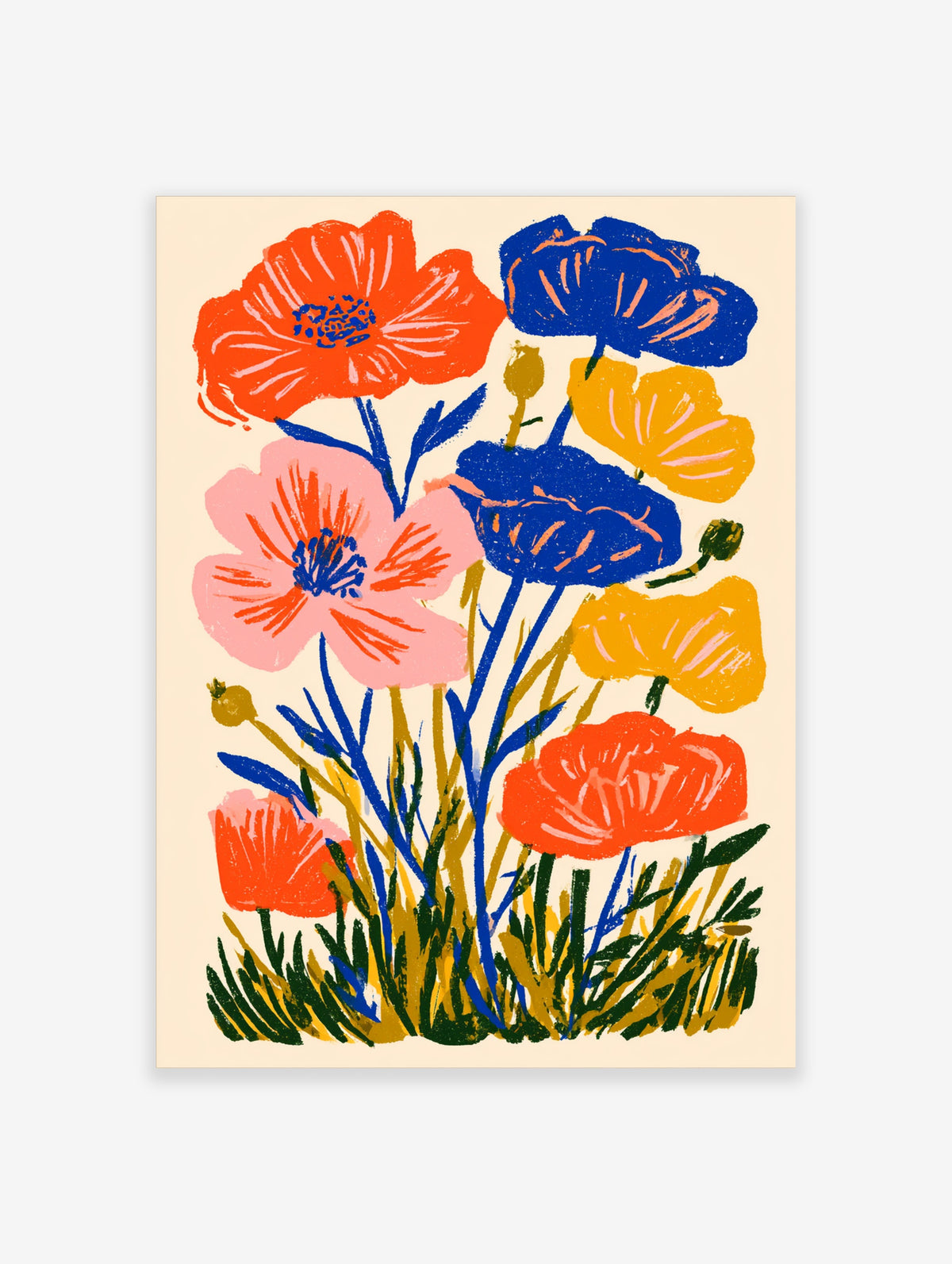 Colourful poppy flower poster with red, blue, pink and yellow blooms on cream background