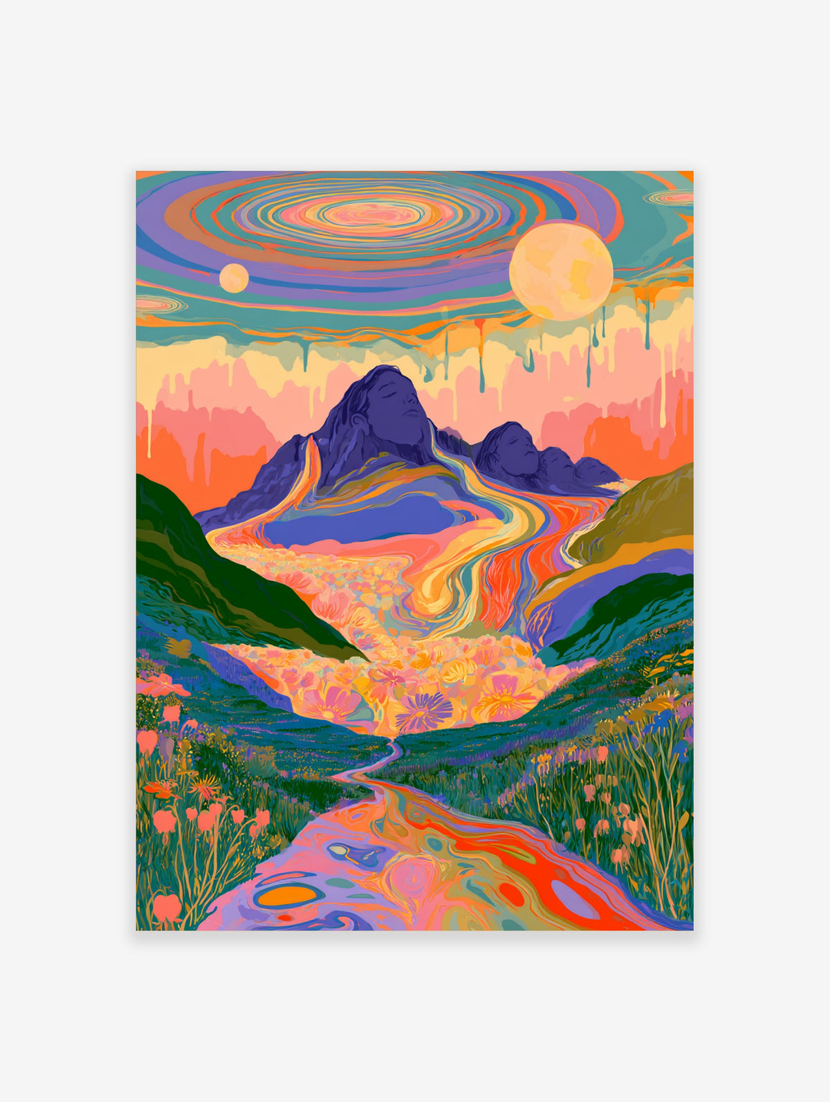 Psychedelic mountain landscape poster with swirling sky, orange moon, and floral valley in pink and purple