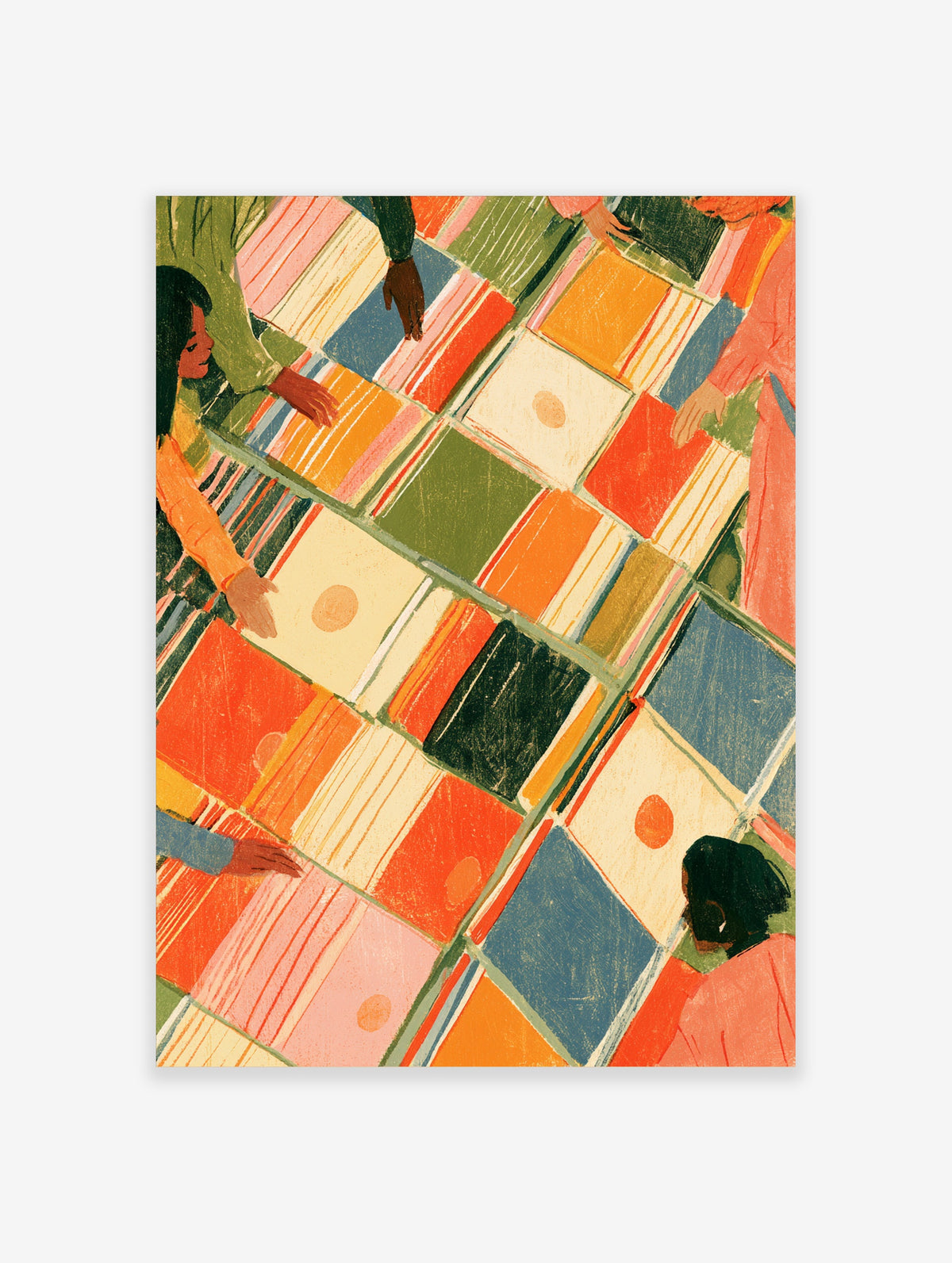 Colourful quilt pattern poster with orange, blue and green squares, striped blocks and hands reaching across the design