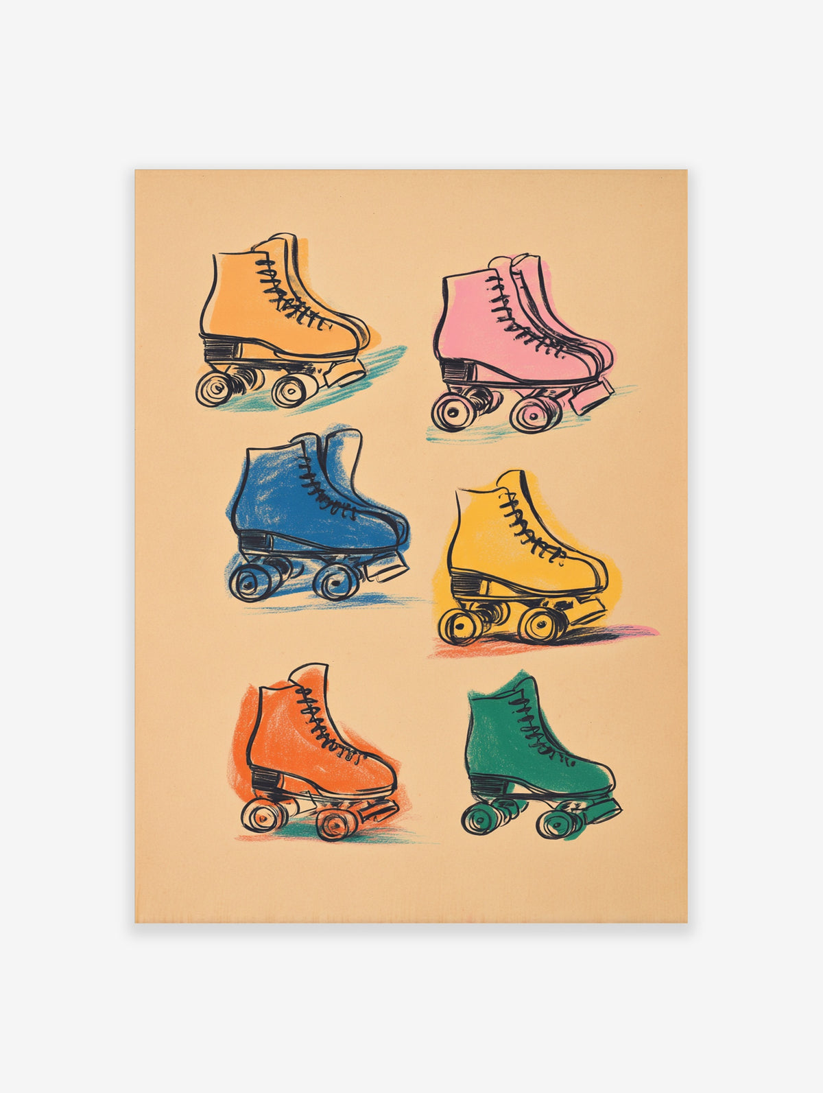 Six retro roller skates in orange, pink, blue, yellow, red, and green with coloured shadows on beige background