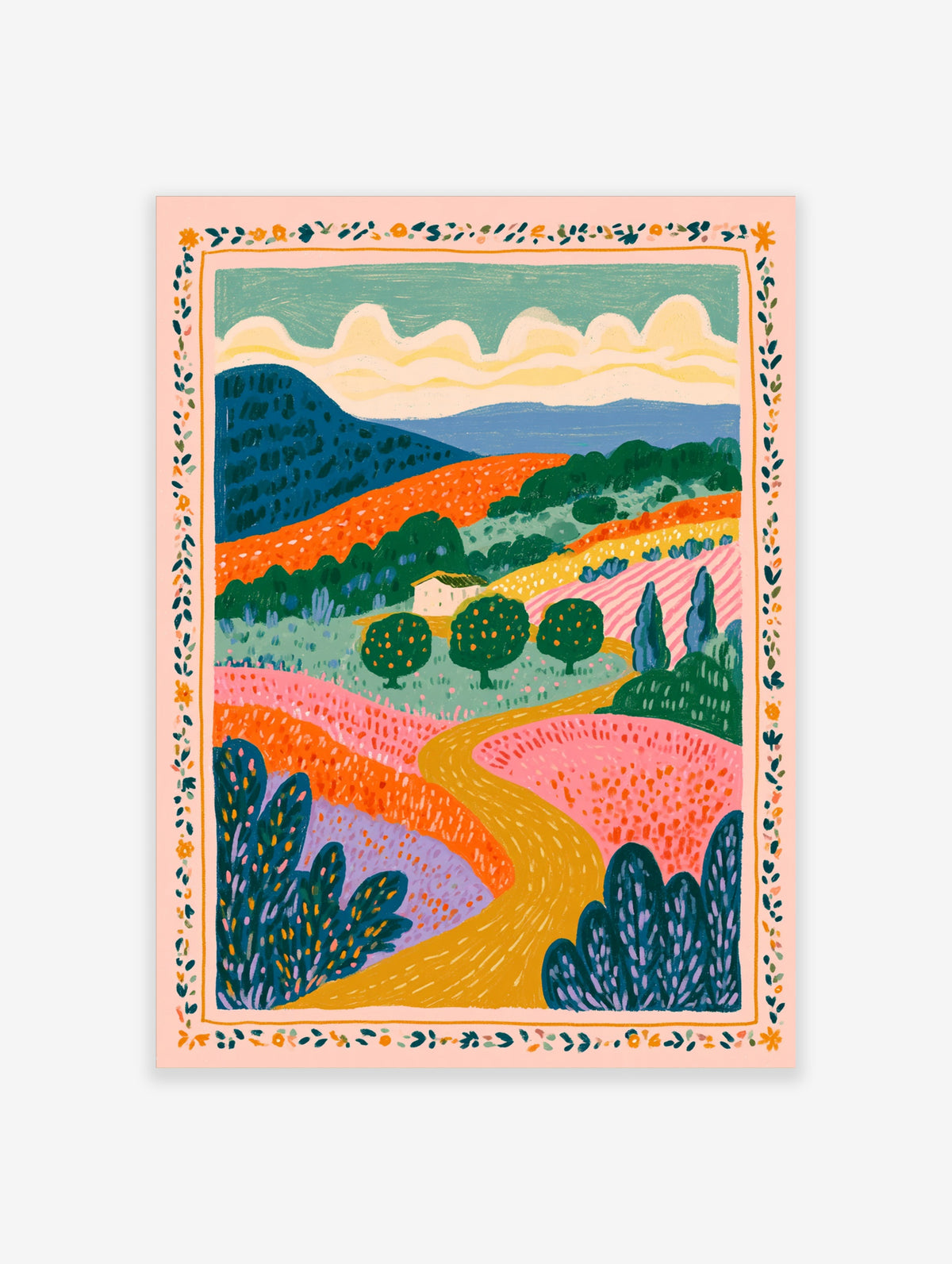 Colourful landscape poster with rolling hills, yellow path, and floral border