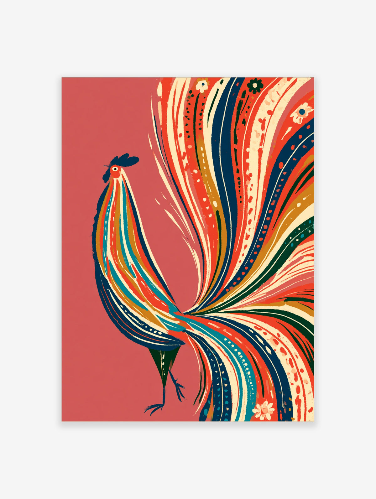 Colourful rooster art print with abstract sweeping feathers in red, blue, and cream on pink background