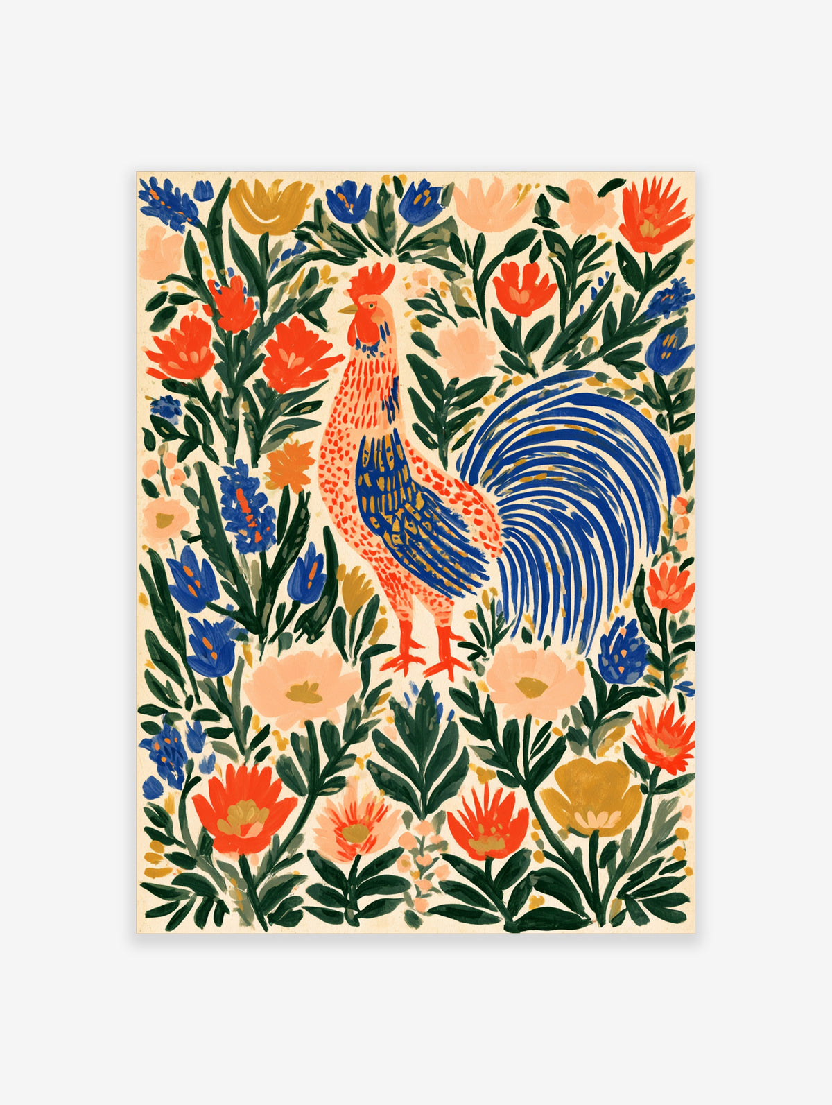 Colourful rooster folk art print with blue tail and red, blue and peach flowers